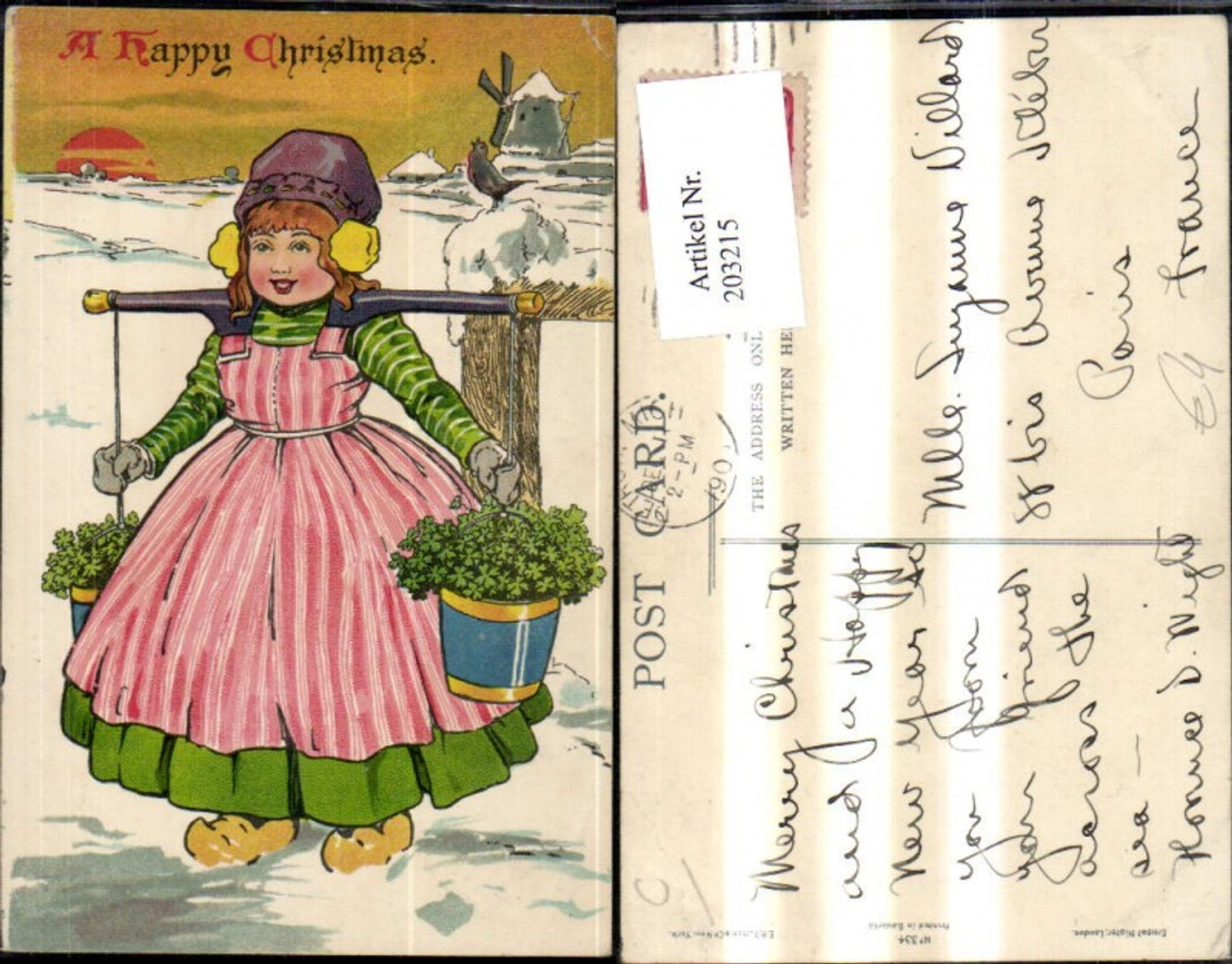 203215, Christmas girl with carrying pole, bucket, Flanders, Holland, windmill, traditional costume types