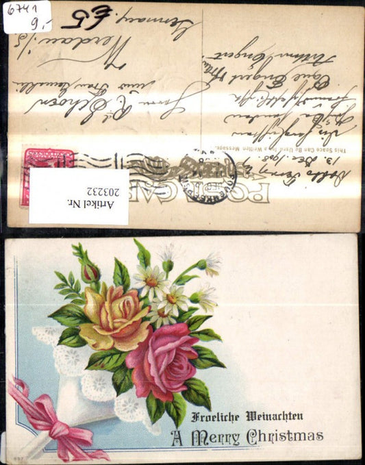 203232, Christmas embossing postcard, flower bouquet, roses, ribbon