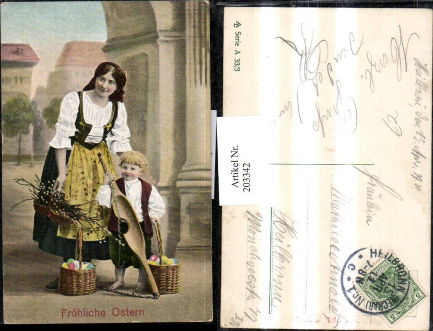 203342,Ostern Frau m. Kind Palmzweige Körbe voll m. bunten Ostereier Eier