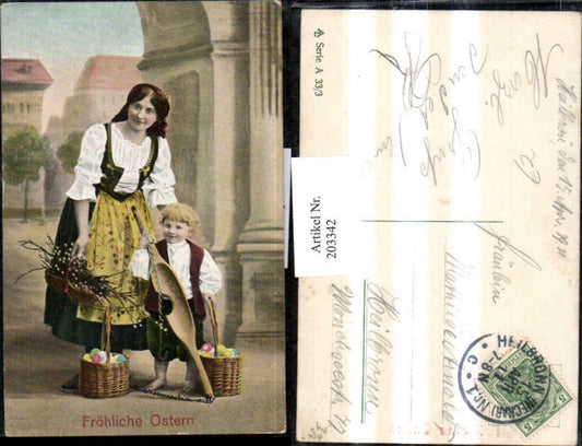203342,Ostern Frau m. Kind Palmzweige Körbe voll m. bunten Ostereier Eier