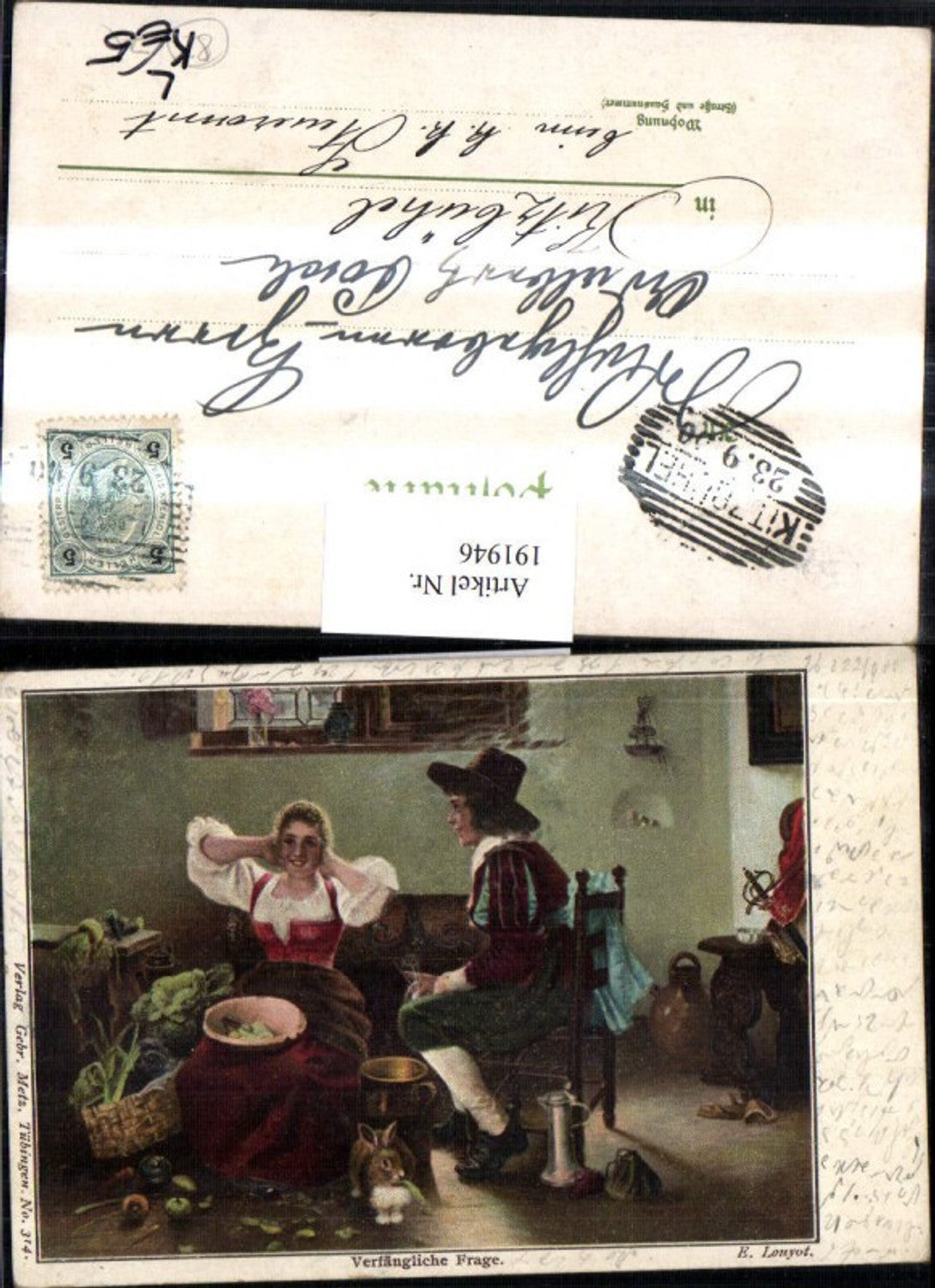 191946,Künstler Litho AK E. Louyot Verfängliche Frage Mann m. Hut Hase Frau hält sich die Ohren zu