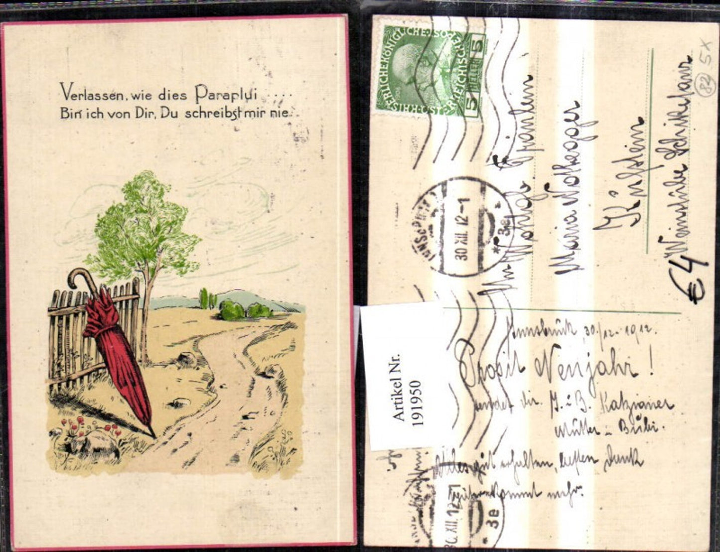 191950,Künstler AK Landschaft Schirm Zaun Weg