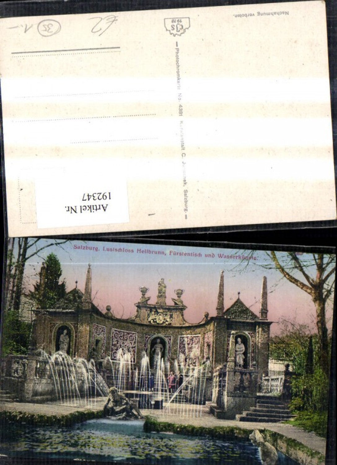 192347,Salzburg Lustschloss Hellbrunn Fürstentisch u. Wasserkünste Springbrunnen Brunnen