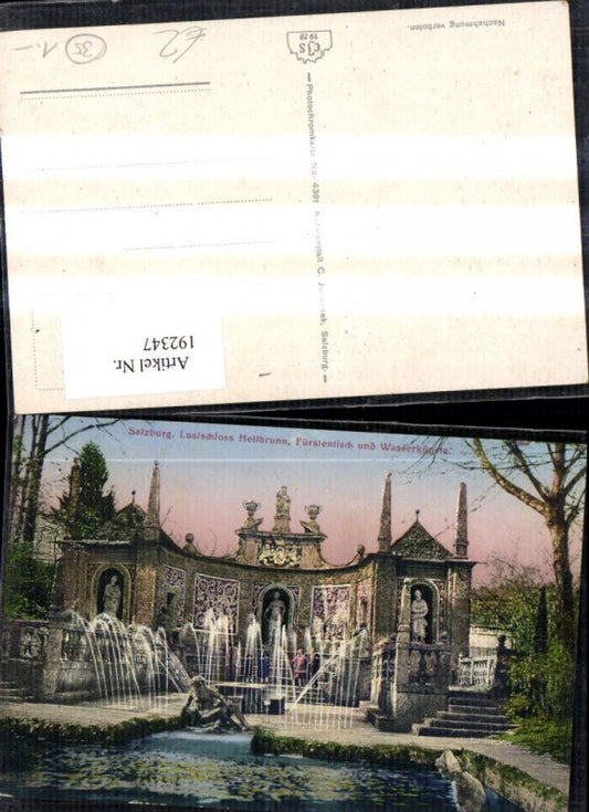 192347,Salzburg Lustschloss Hellbrunn Fürstentisch u. Wasserkünste Springbrunnen Brunnen