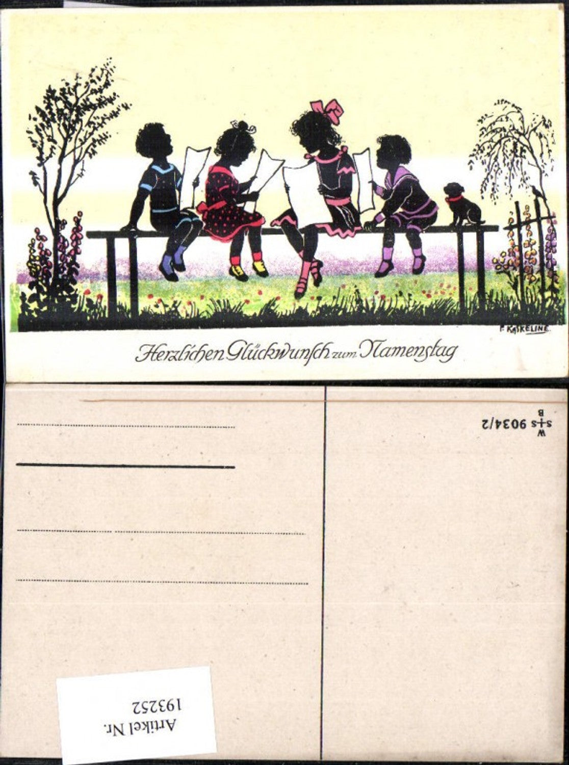 193252, Artist Ak F. Kaskeline, paper cutout silhouette, children, singing, sheet music, sheet of paper, dog, name day