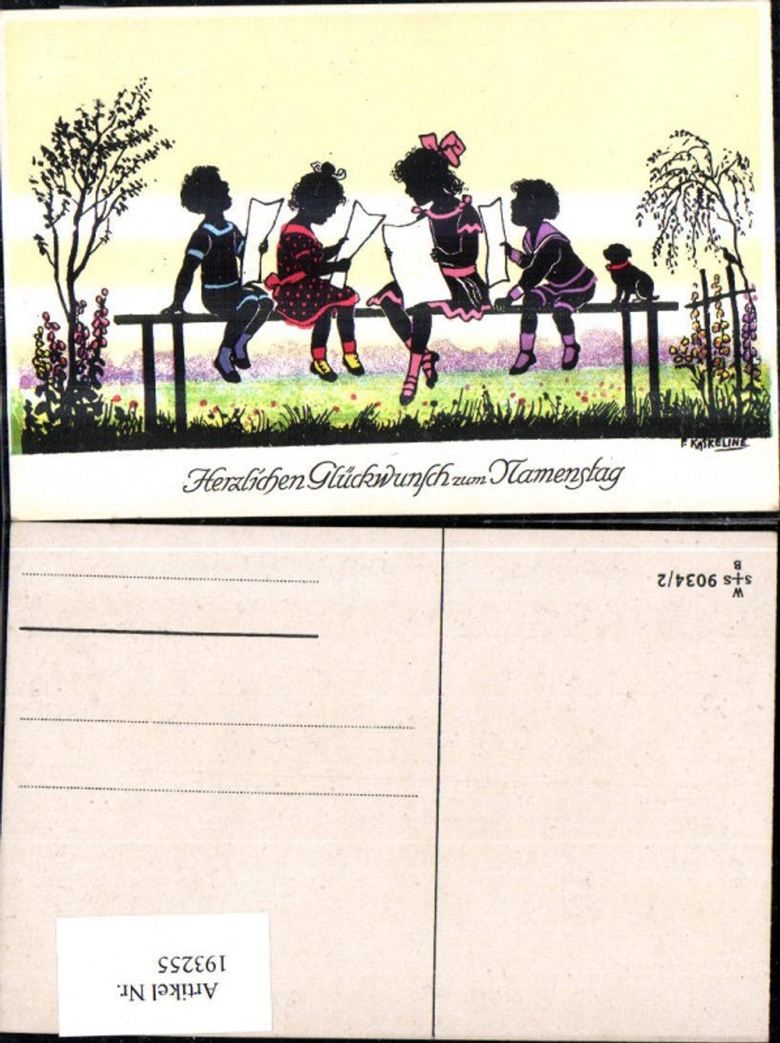 193255,Künstler Ak F. Kaskeline Scherenschnitt Silhouette Kinder b. Singen Notenblätter Blatt Papier Hund Namenstag