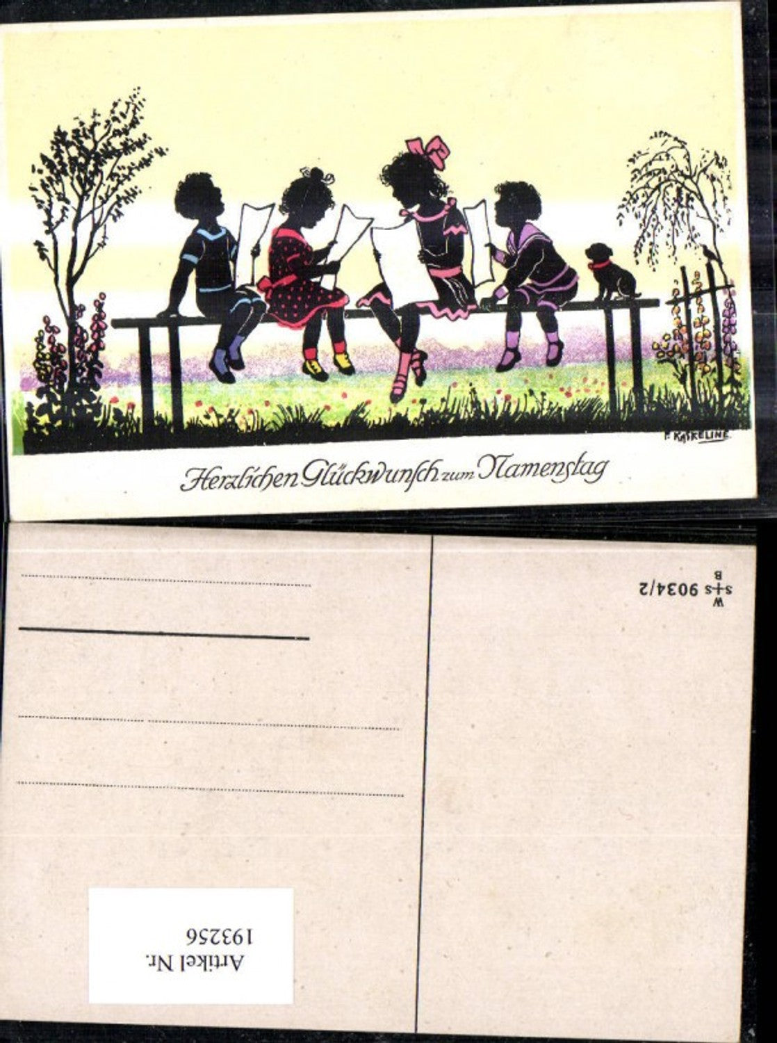 193256,Künstler Ak F. Kaskeline Scherenschnitt Silhouette Kinder b. Singen Notenblätter Blatt Papier Hund Namenstag