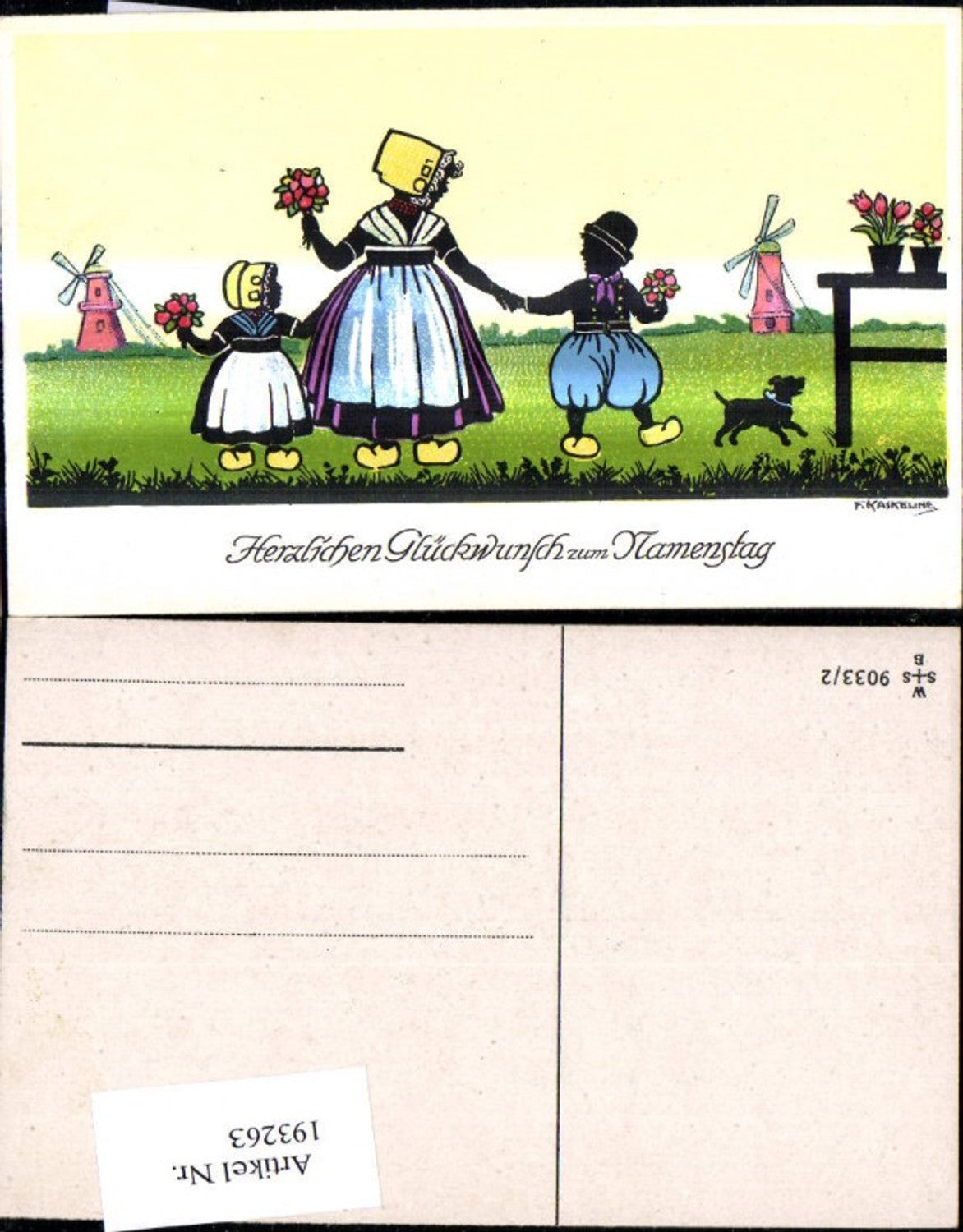 193263, Artist Ak F. Kaskeline, paper cutout, silhouette, children, woman, flowers, dog, Holland, Flanders, windmill, name day