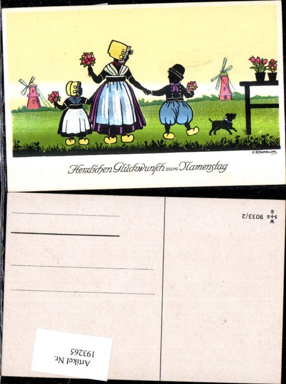 193265, Artist Ak F. Kaskeline, paper cutout, silhouette, children, woman, flowers, dog, Holland, Flanders, windmill, name day