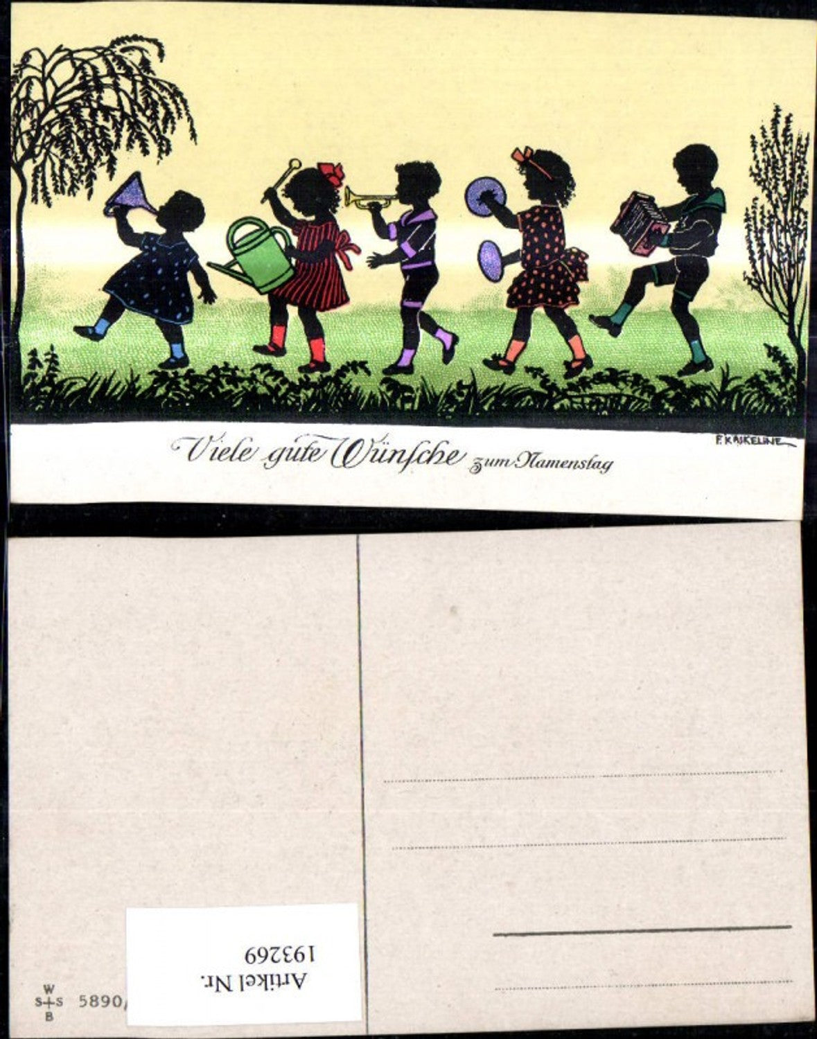 193269,Künstler Ak F. Kaskeline Scherenschnitt Silhouette Kinder Musizieren Instrumente Gießkanne Namenstag