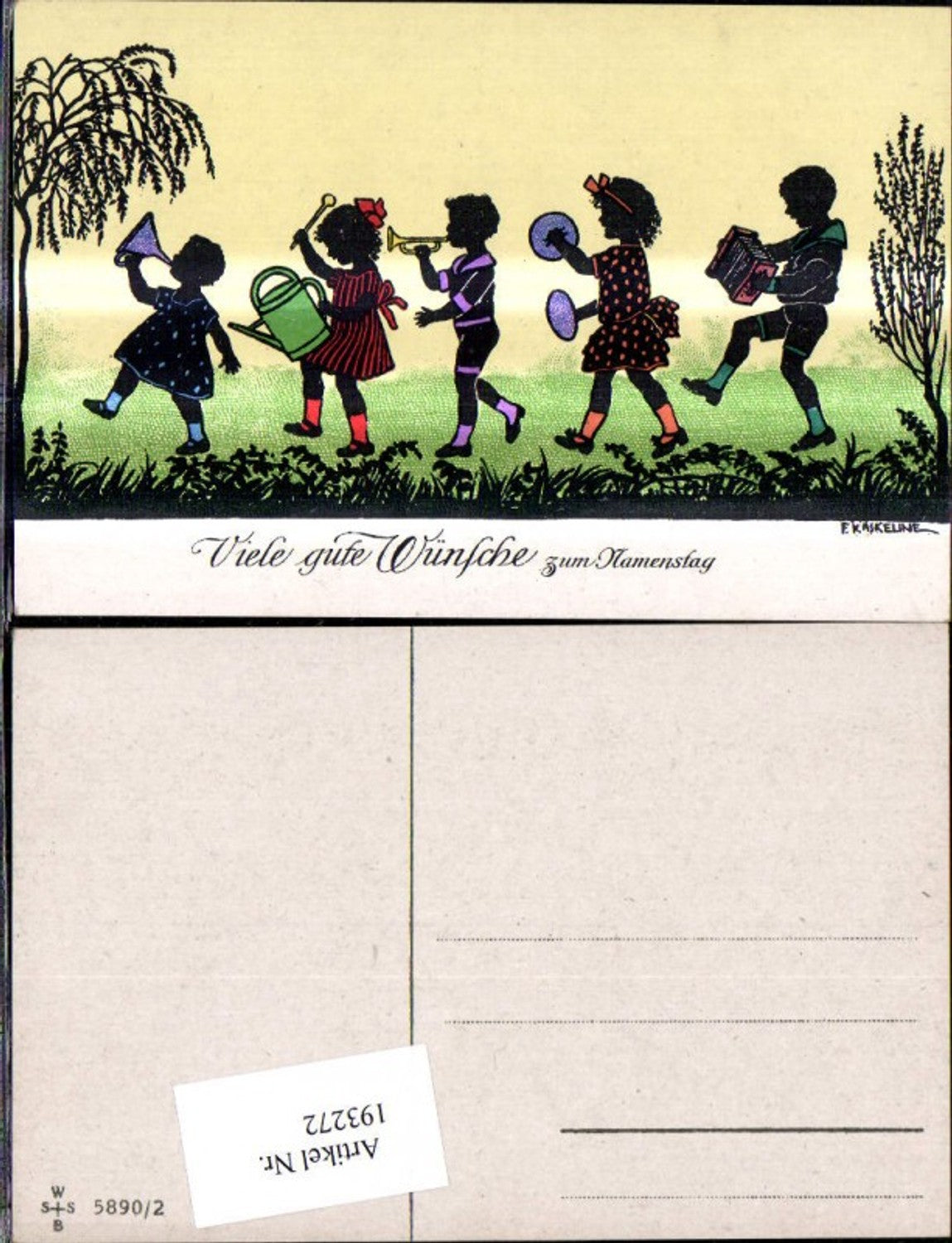 193272,Künstler Ak F. Kaskeline Scherenschnitt Silhouette Kinder Musizieren Instrumente Gießkanne Namenstag