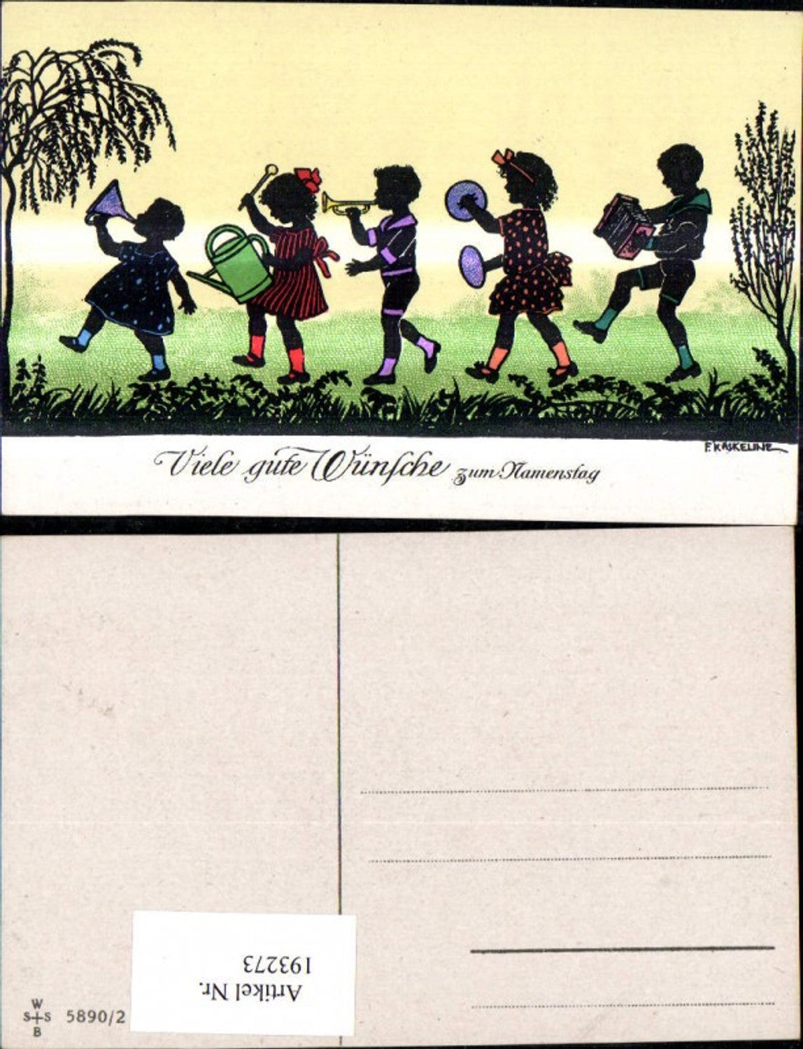 193273, Artist Ak F. Kaskeline, paper cutout silhouette, children making music, instruments, watering can, name day