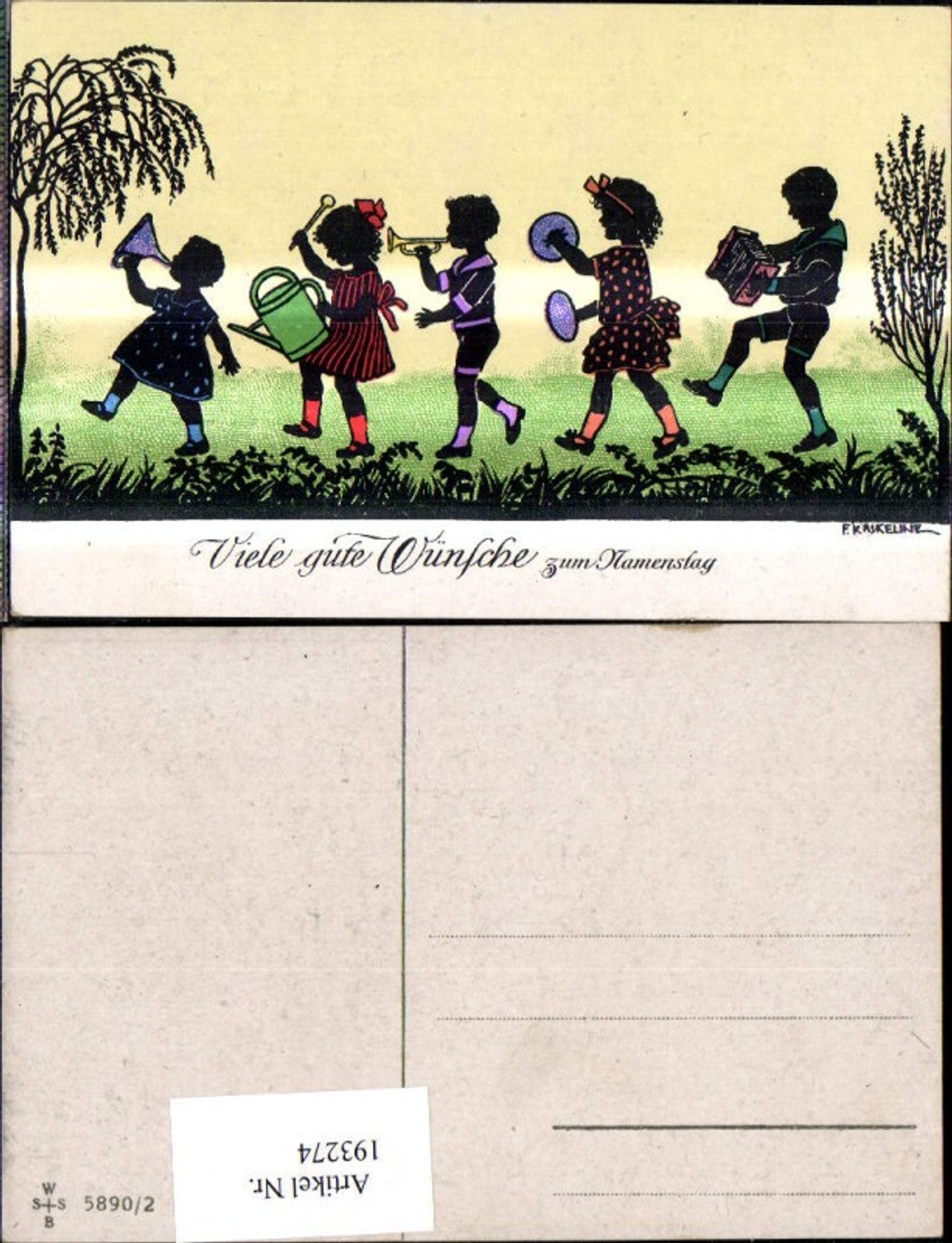 193274,Künstler Ak F. Kaskeline Scherenschnitt Silhouette Kinder Musizieren Instrumente Gießkanne Namenstag