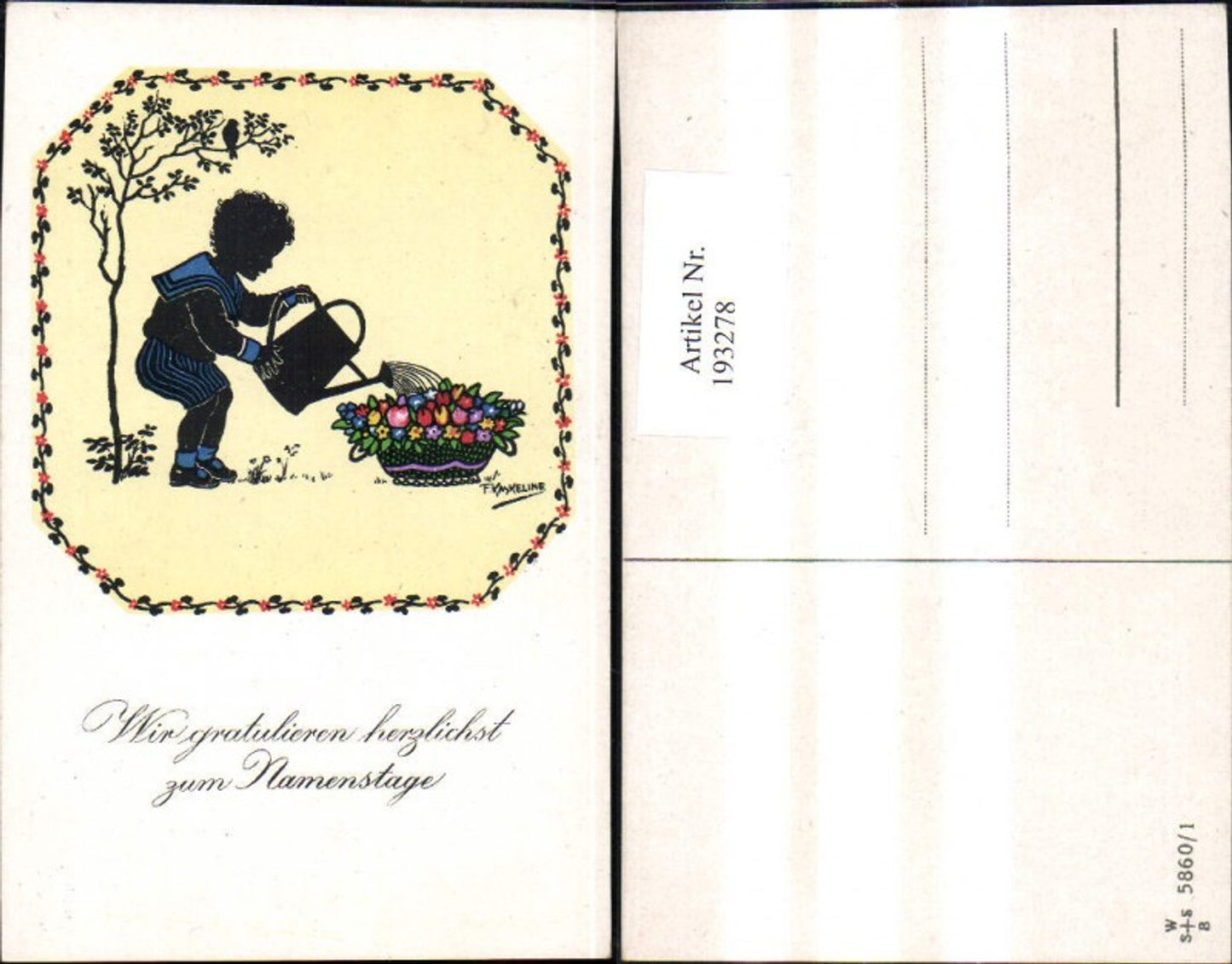 193278, Artist Ak F. Kaskeline, paper cutout, silhouette, child, boy, sailor suit, watering flowers, watering can, name day