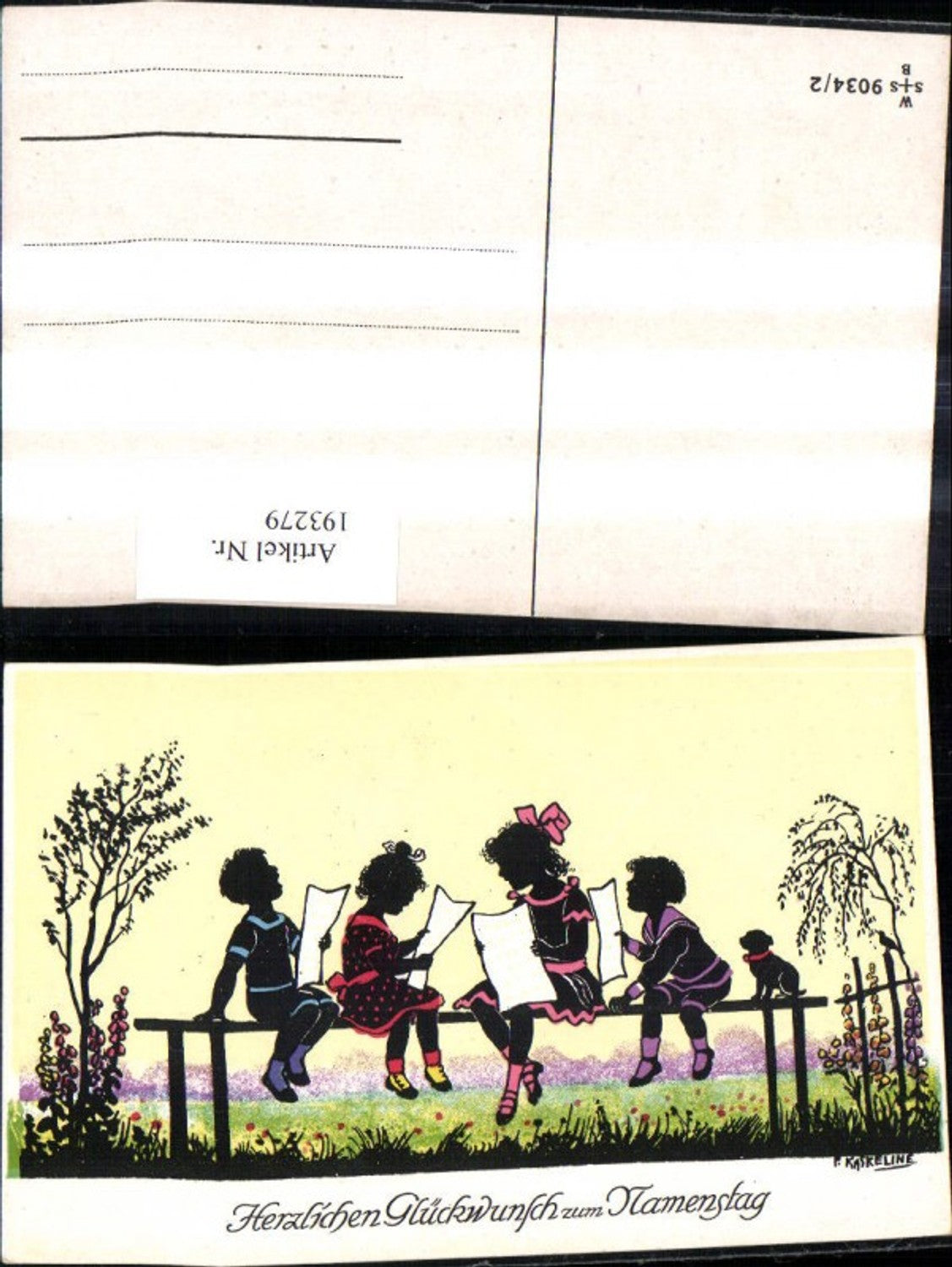 193279,Künstler Ak F. Kaskeline Scherenschnitt Silhouette Kinder b. Singen Notenblätter Blatt Papier Hund Namenstag