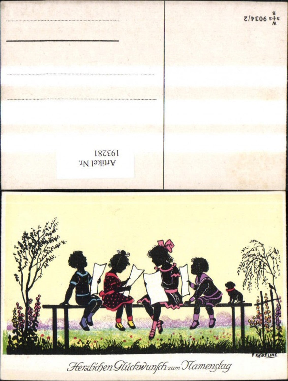 193281,Künstler Ak F. Kaskeline Scherenschnitt Silhouette Kinder b. Singen Notenblätter Blatt Papier Hund Namenstag