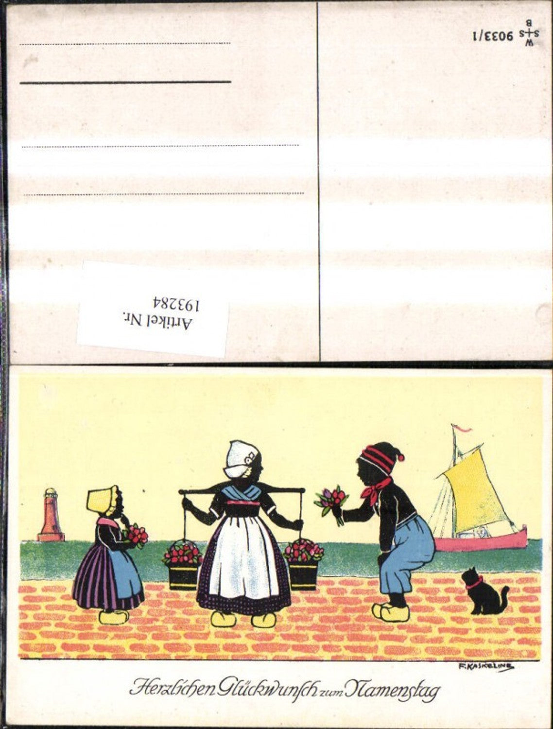 193284,Künstler Ak F. Kaskeline Scherenschnitt Silhouette Frau Mann Kind Kübel Eimer Blumen Segelschiff Katze Leuchttu