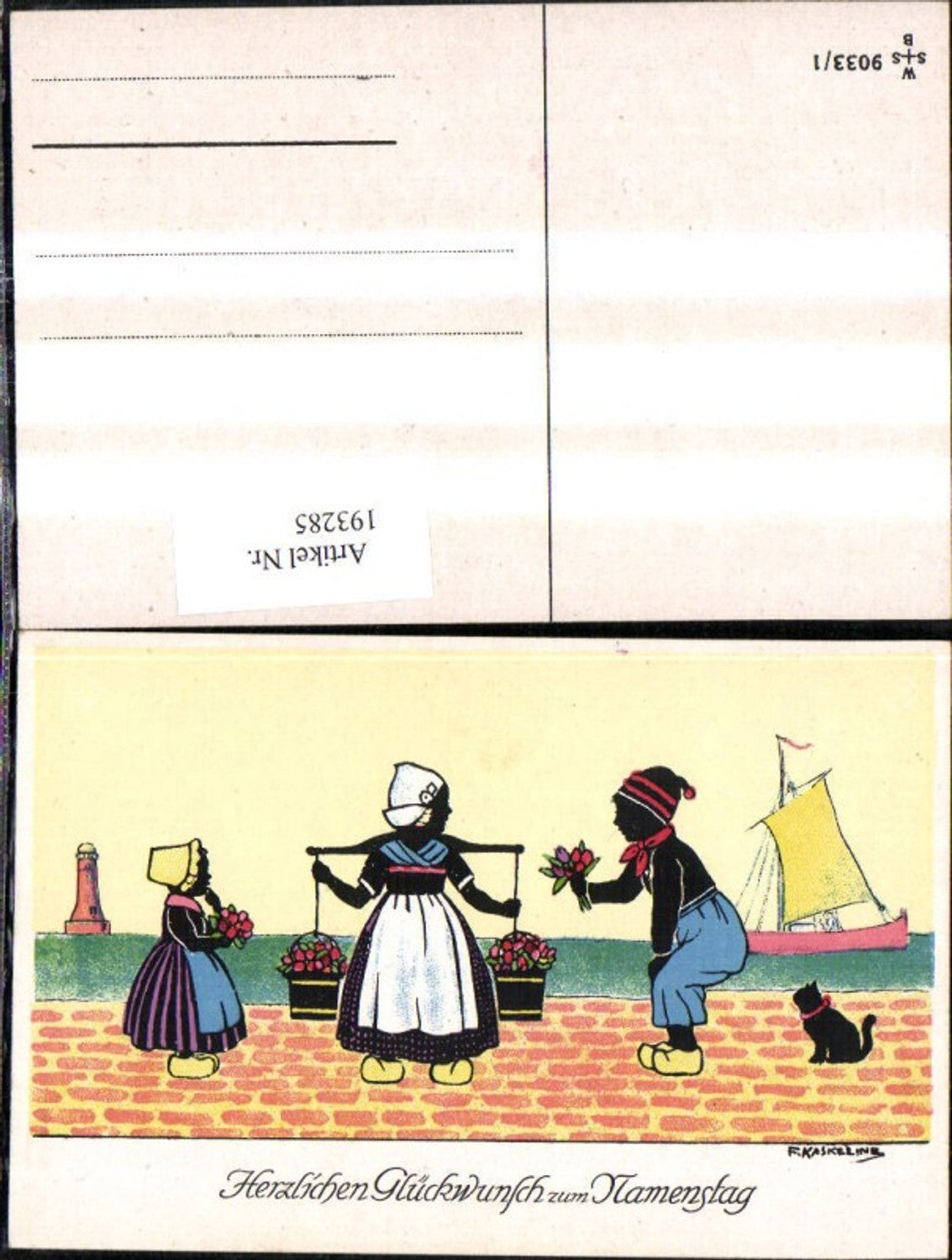 193285,Künstler Ak F. Kaskeline Scherenschnitt Silhouette Frau Mann Kind Kübel Eimer Blumen Segelschiff Katze Leuchttu