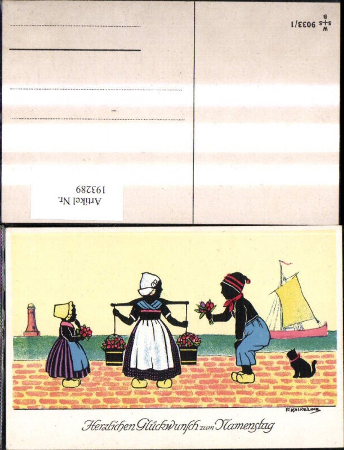 193289, Artist Ak F. Kaskeline, silhouette of a woman, man, child, bucket, flowers, sailing ship, cat, lighthouse