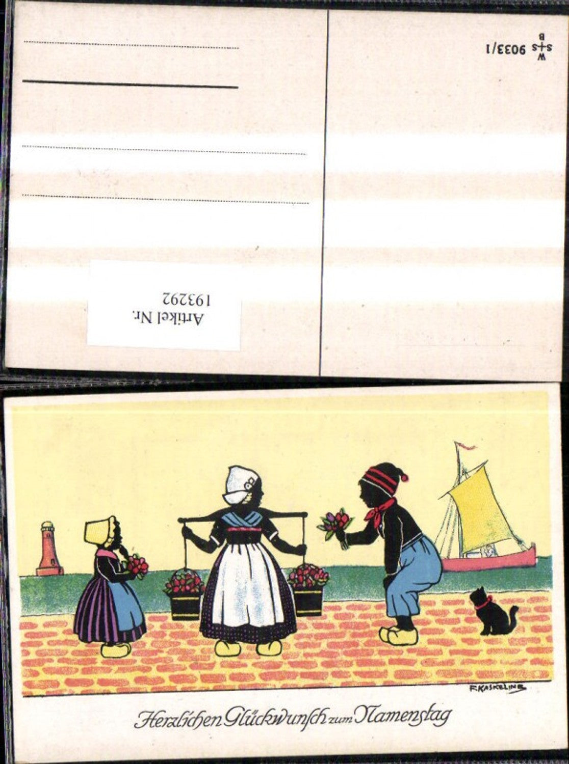 193292, Artist Ak F. Kaskeline, silhouette of a woman, man, child, bucket, flowers, sailing ship, cat, lighthouse