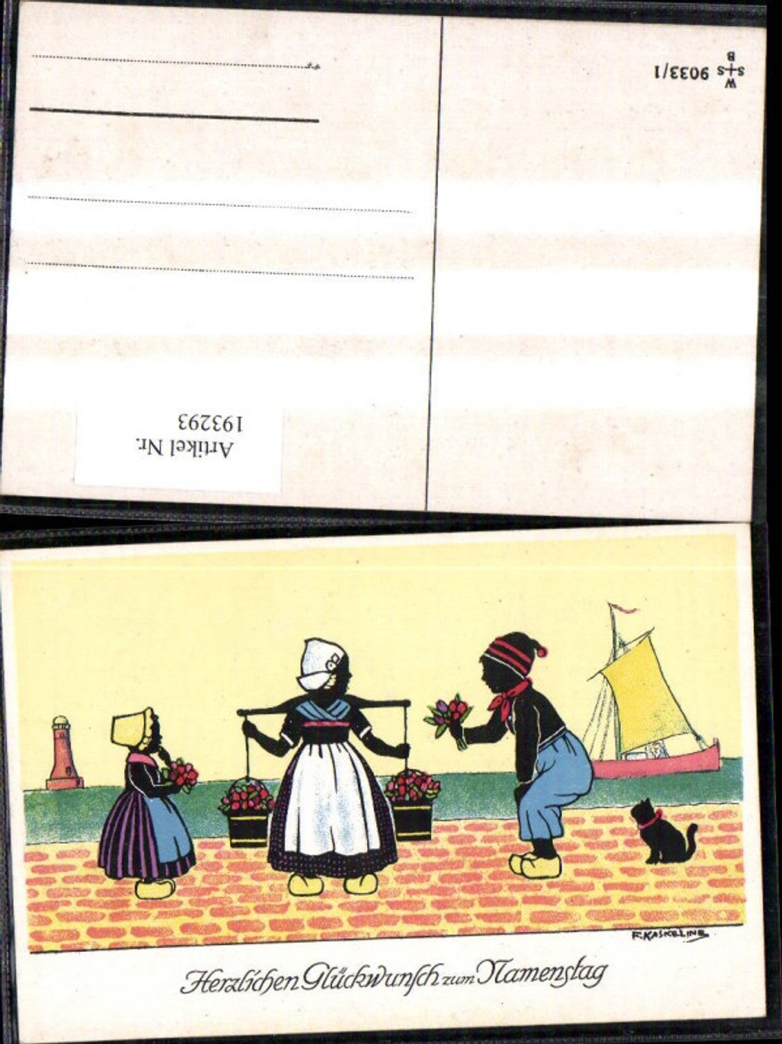 193293, Artist Ak F. Kaskeline, silhouette of a woman, man, child, bucket, flowers, sailing ship, cat, lighthouse