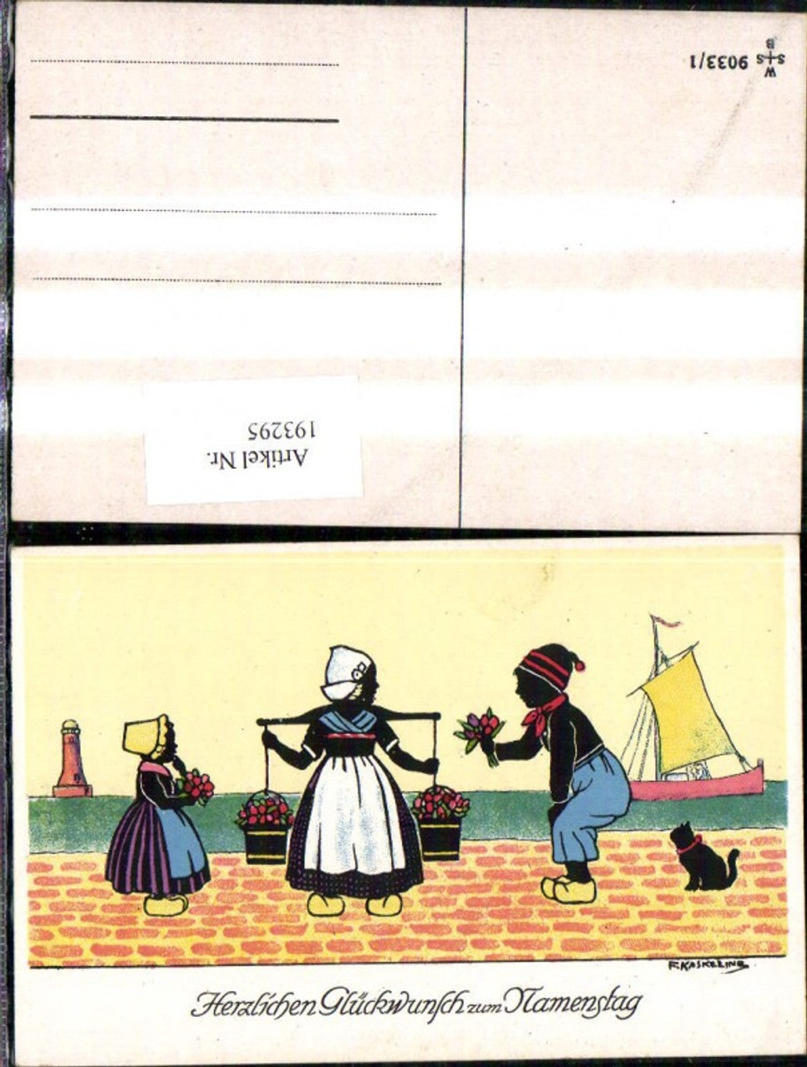 193295,Künstler Ak F. Kaskeline Scherenschnitt Silhouette Frau Mann Kind Kübel Eimer Blumen Segelschiff Katze Leuchttu
