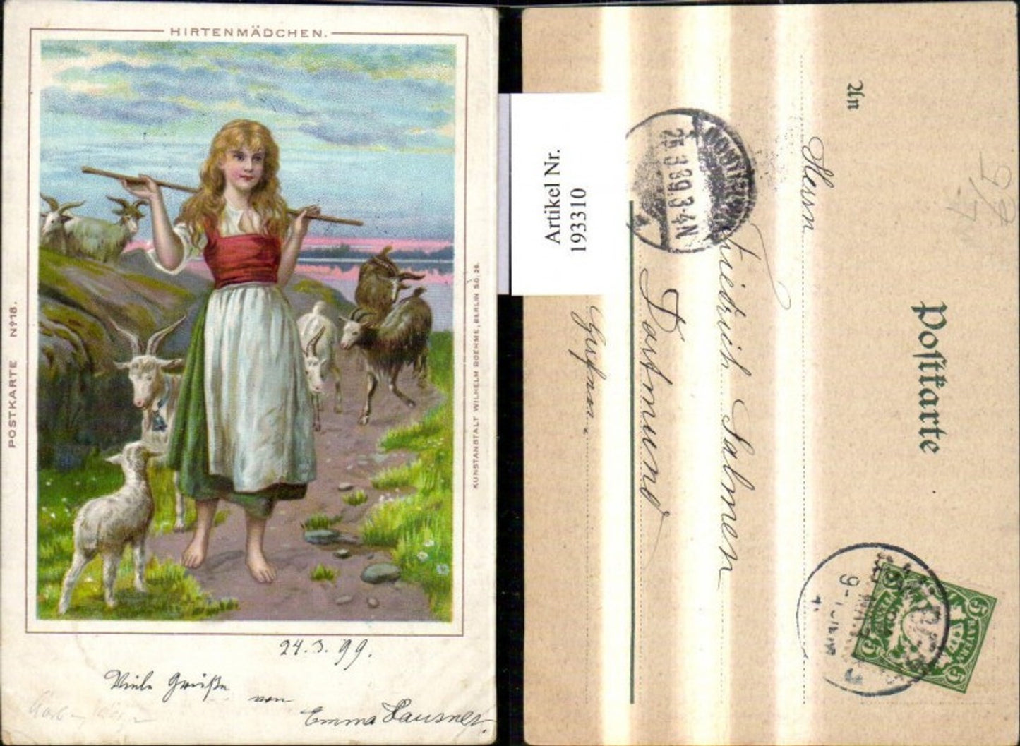 193310,Künstler Litho Hirtenmädchen Frau Ziegen Stock