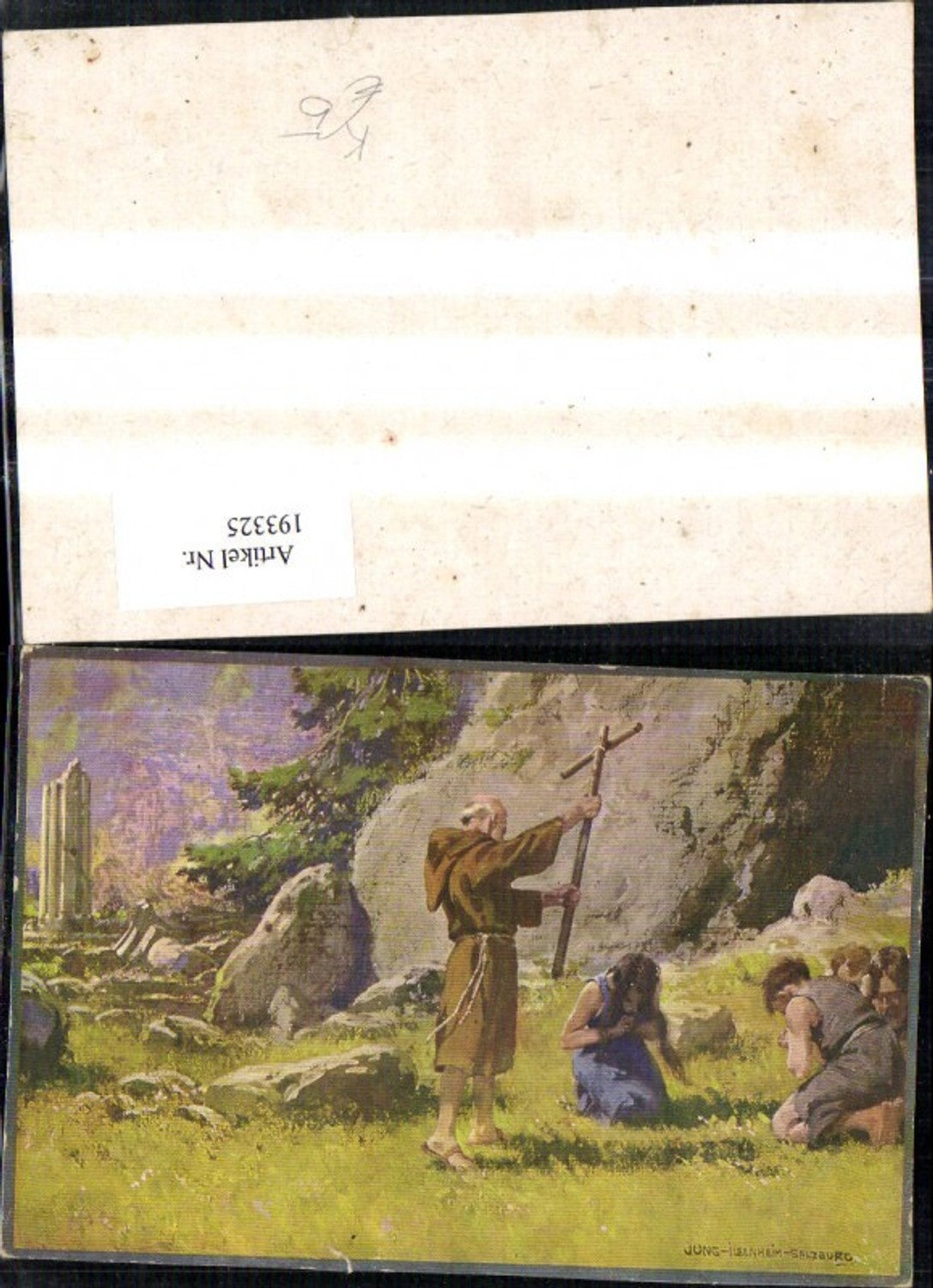 193325,Künstler Ak Jung Ilsenheim Mann m. Kreuz Personen Beten a. Boden