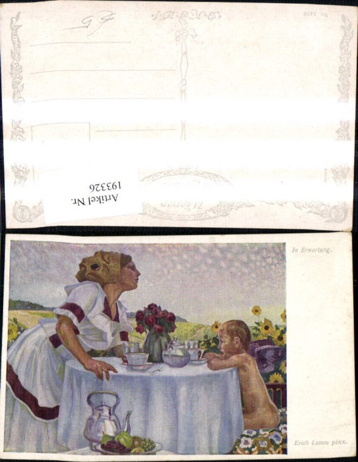 193326,Künstler Ak Erich Lamm In Erwartung Frau Kind Engel a. Tisch Kanne Blumen