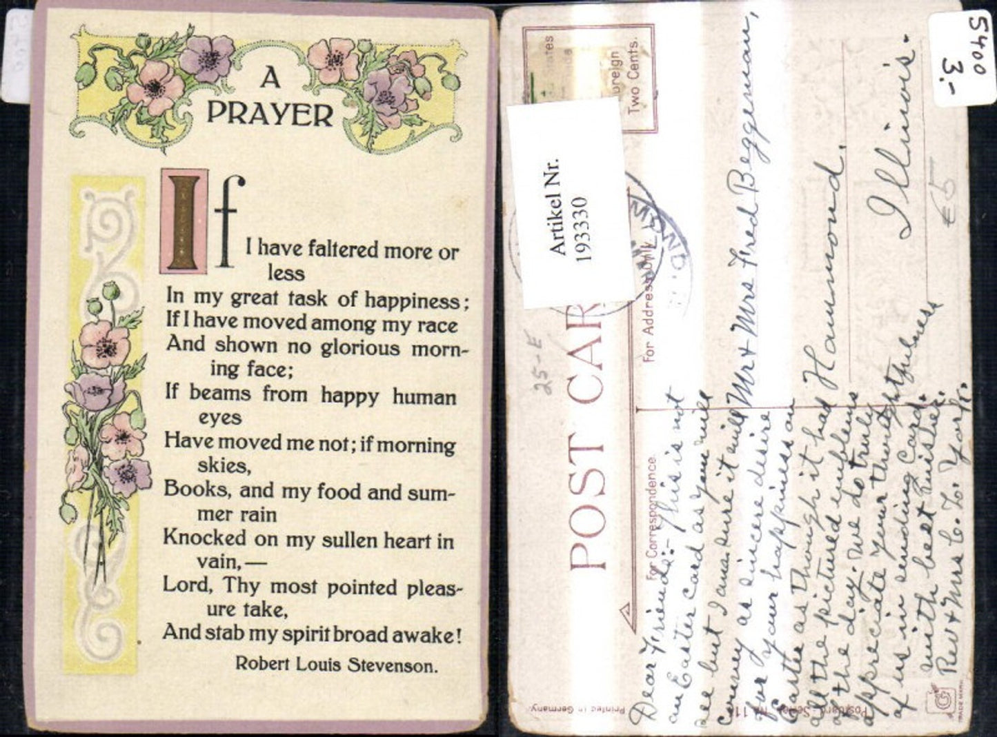 193330,Künstler Präge Ak Blumen Oramente A Prayer Spruch Text