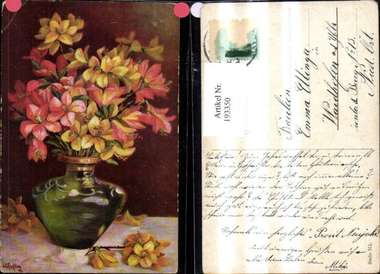 193350,Künstler Ak L. G. Rerkling Vase Blumen