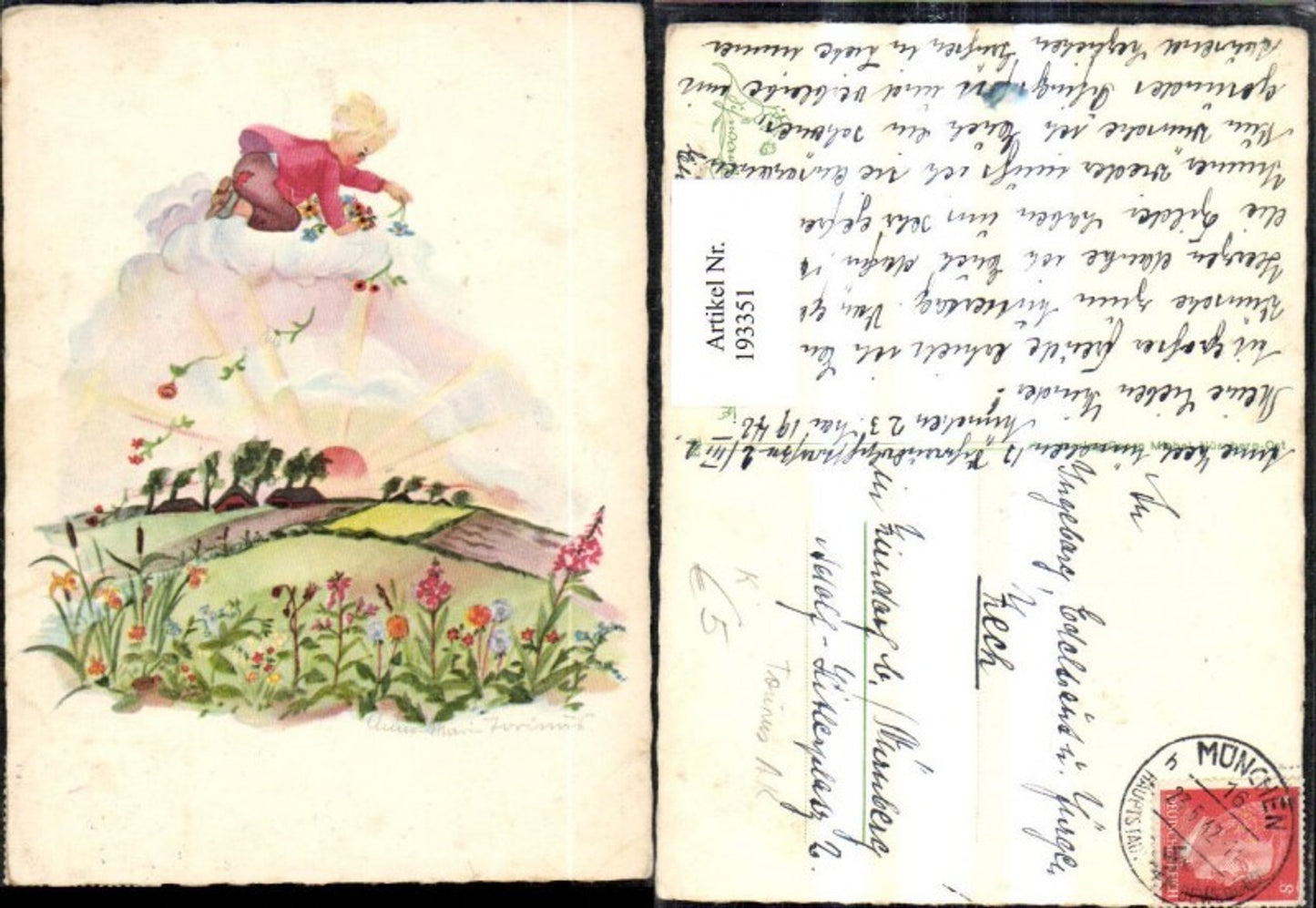 193351,Künstler Ak Anne - Marie Turinus Kind a. Wolke Blumen Haus Wiese Sonne