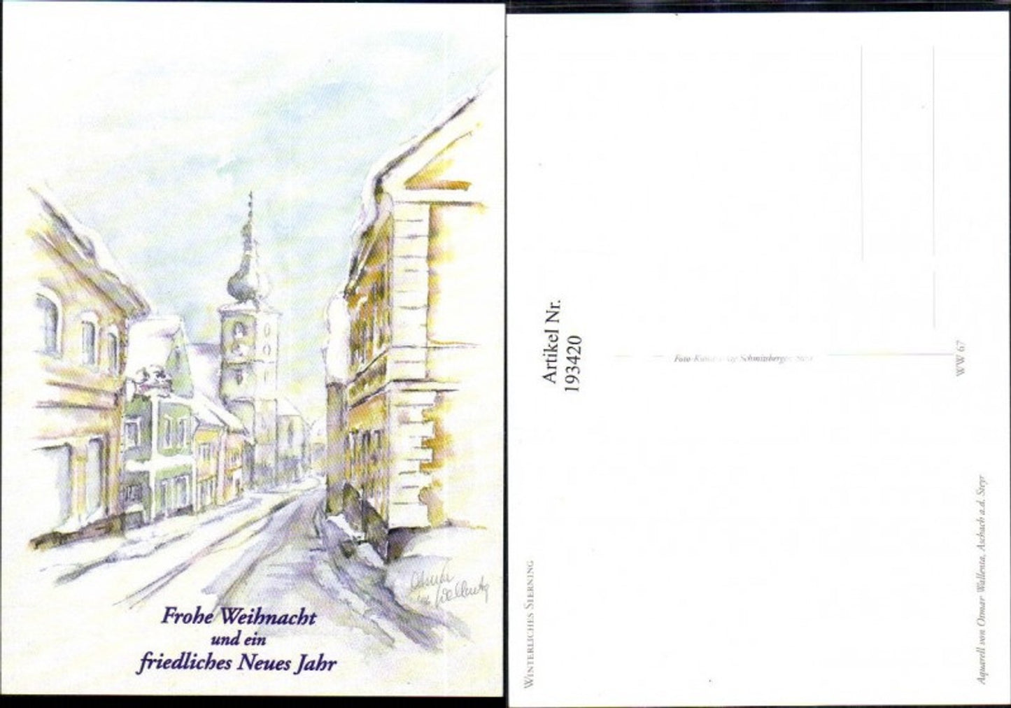 193420,Künstler AK Ottmar Wallenta Sierning Winterbild Straßenansicht Kirchenturm