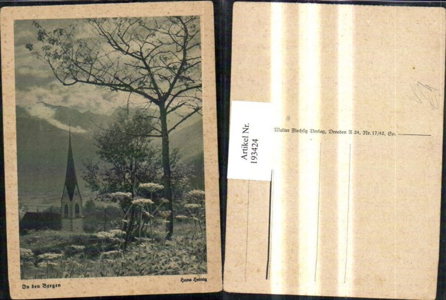 193424, Artist AK Hans Heinig In the Mountains Church Tower Party pub Walter Fleschig 17/42