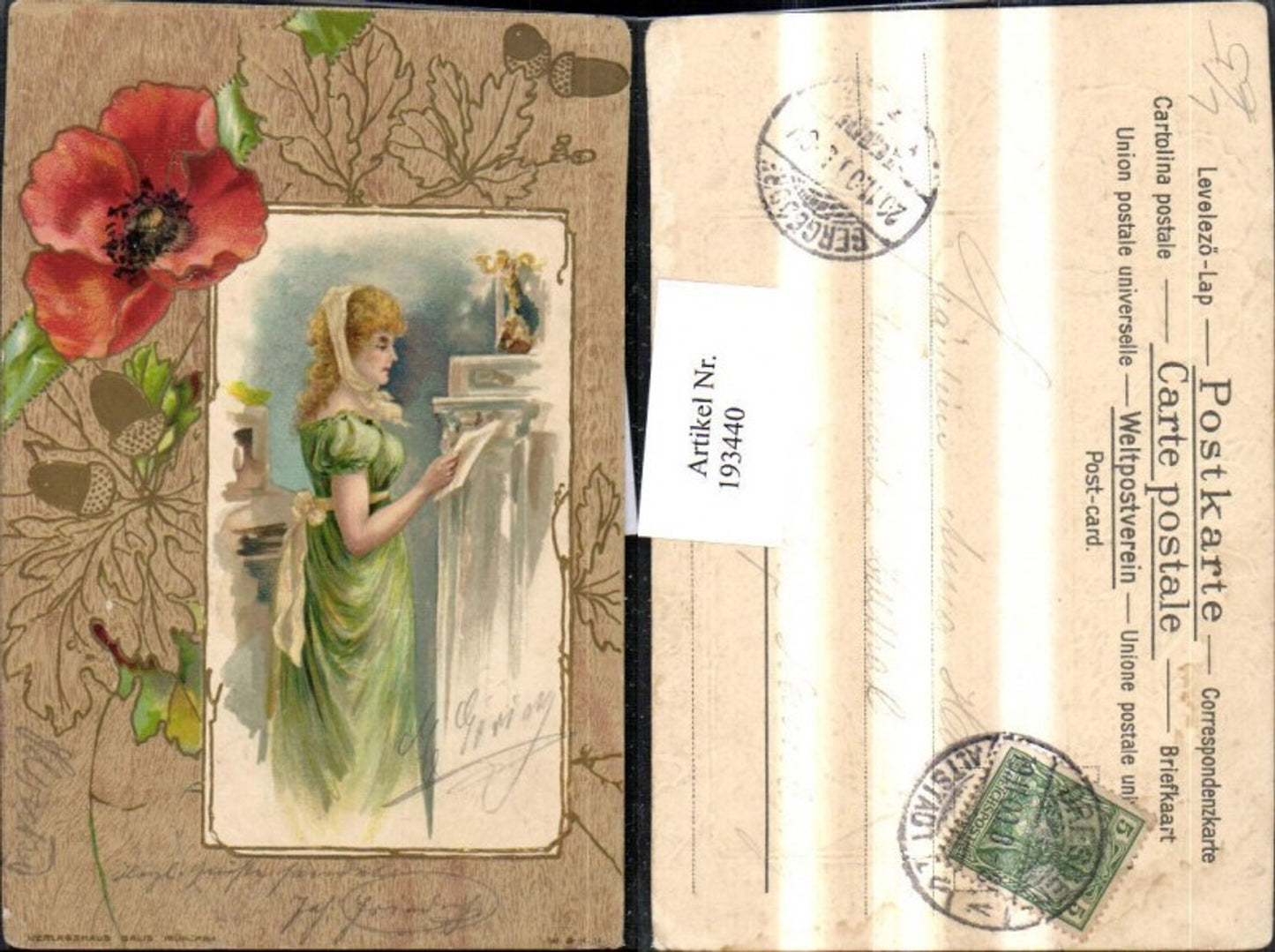 193440,Präge Litho AK Frau m. Kleid Zettel Mohnblume Eichel Blätter