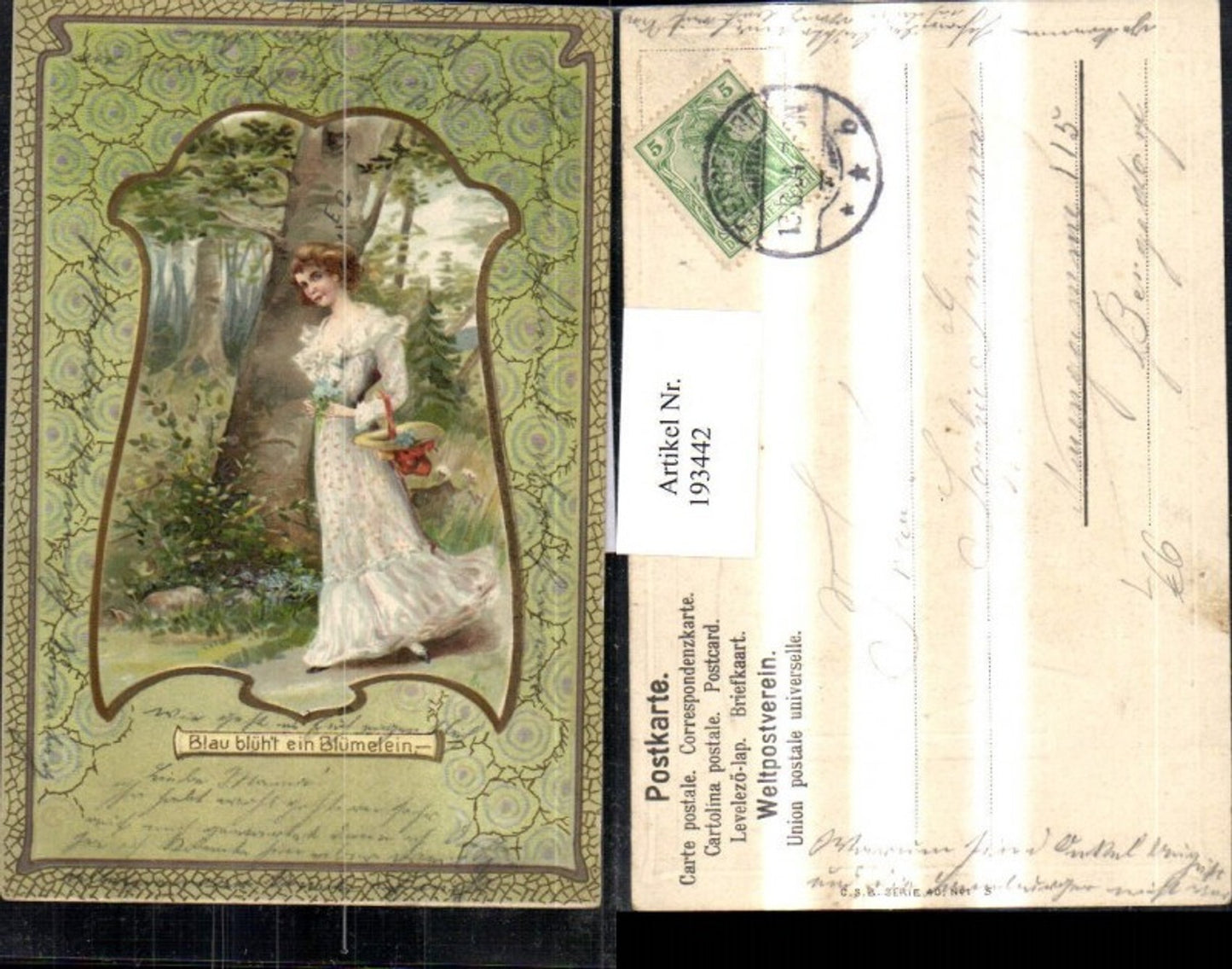 193442,Präge Litho AK Frau m. Kleid Hut Blumen
