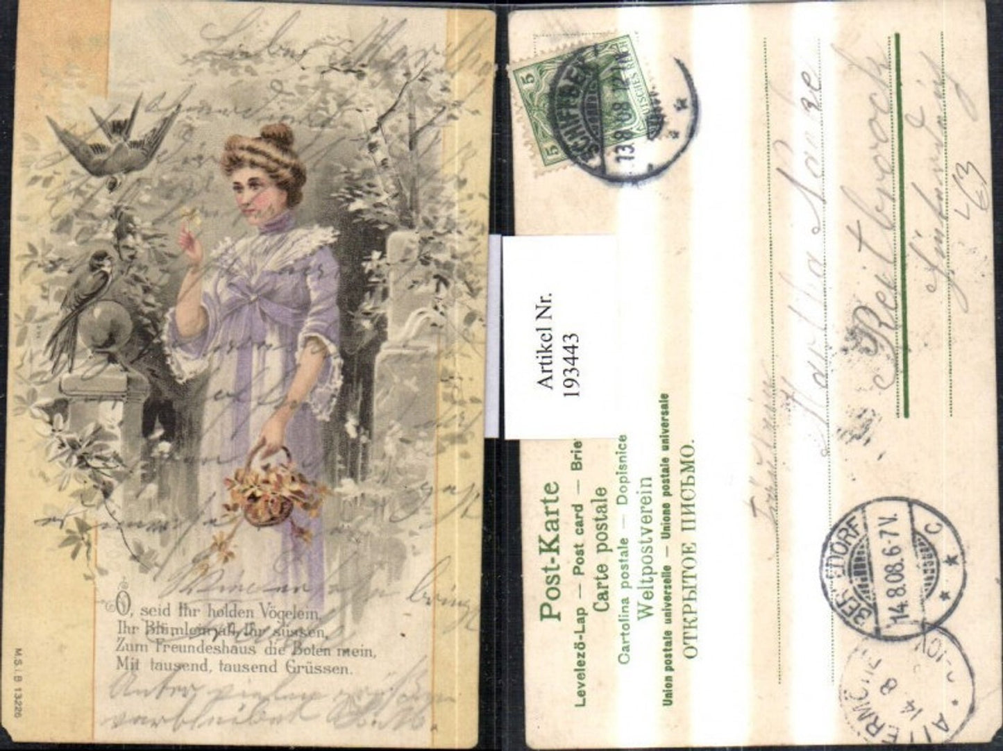193443,Litho AK Frau m. Kleid Korb Vögel Gedicht Spruch