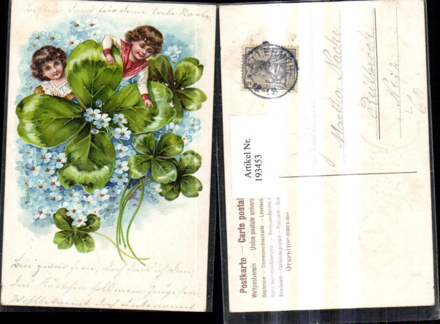 193453,Präge Litho AK Kinder Blumen große Kleeblätter Klee