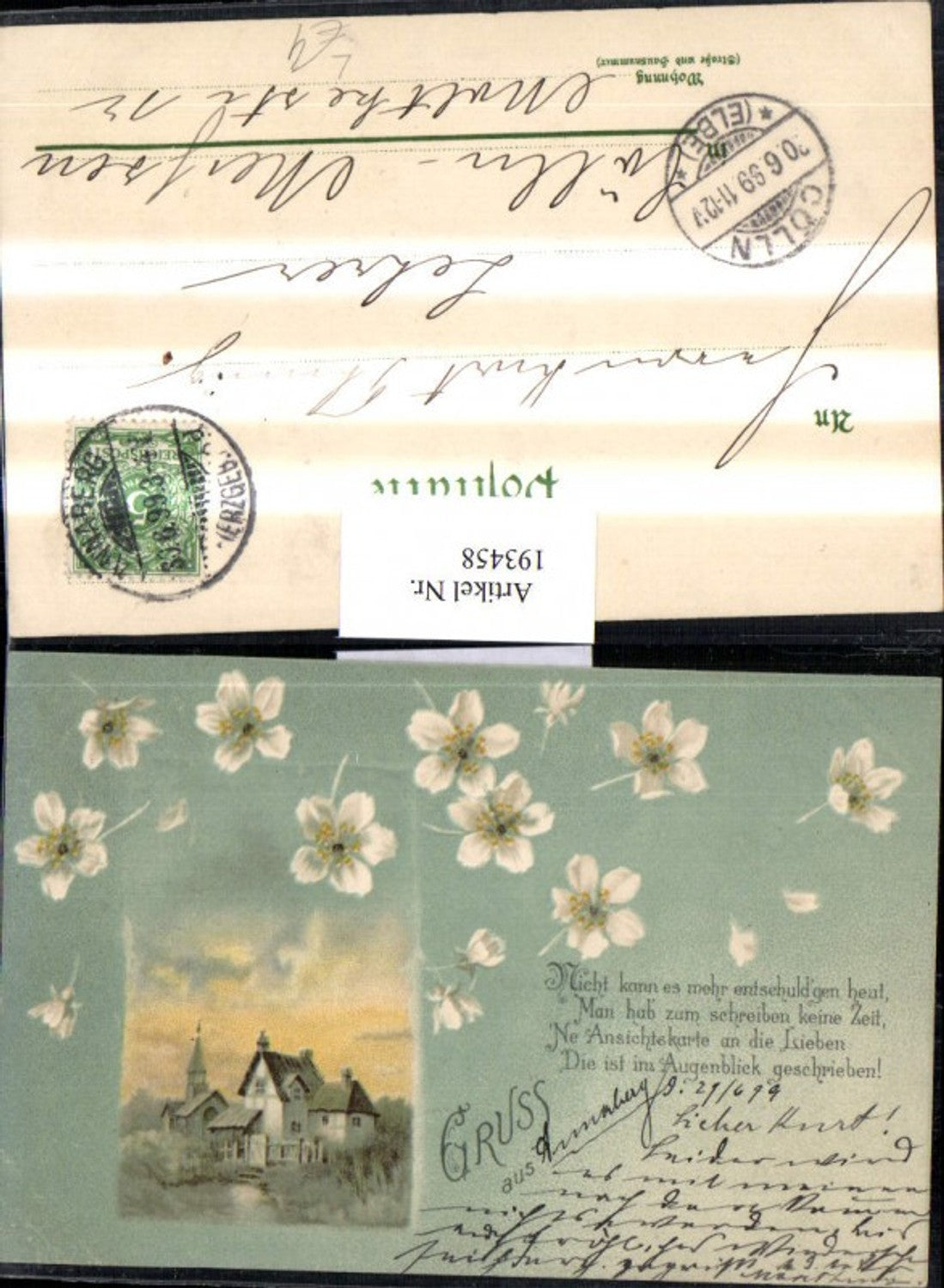 193458,Litho AK Landschaft Kirche Blumen Schneerosen Gedicht Spruch