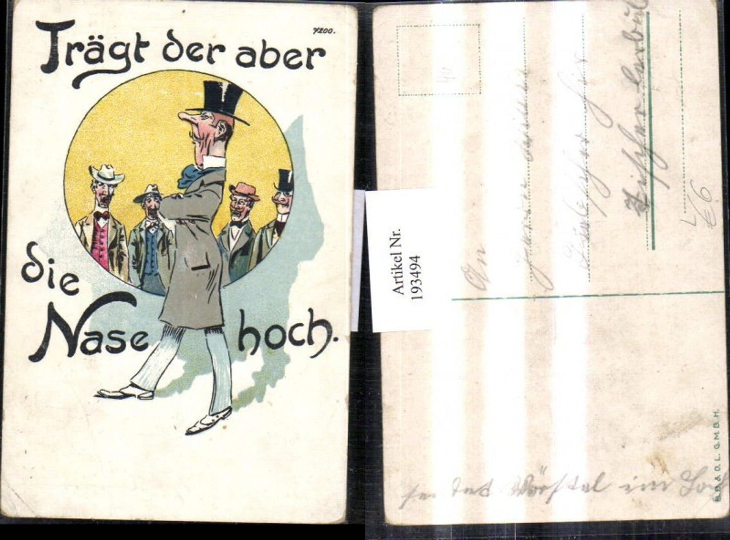 193494,Litho AK „Trägt der aber die Nase hoch“ Männer m. Hut Zylinder Scherz u. Humor