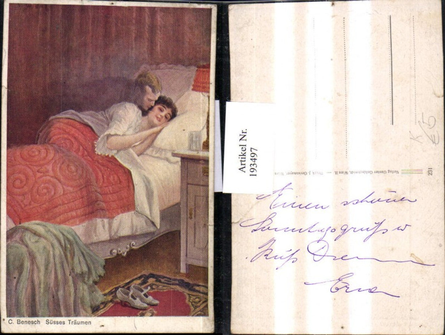 193497,Künstler AK C. Benesch Süßes Träumen Frau b. Schlafen Schuhe Mann