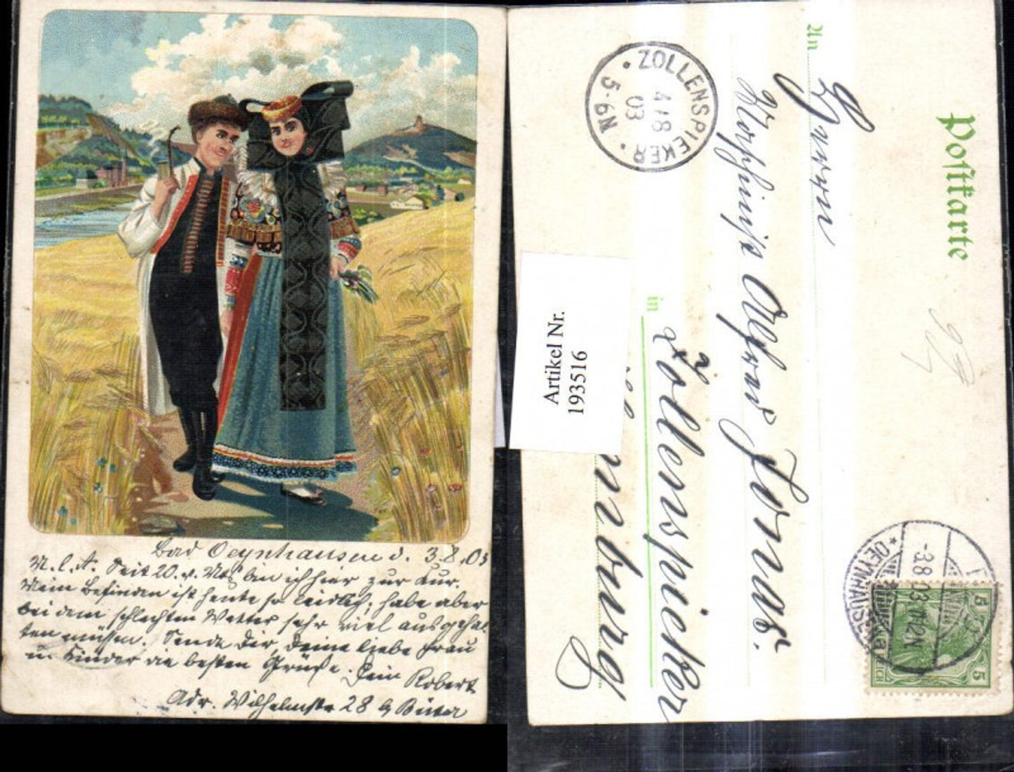 193516,Litho AK Frau u. Mann in Tracht Pfeife Feld Landschaft