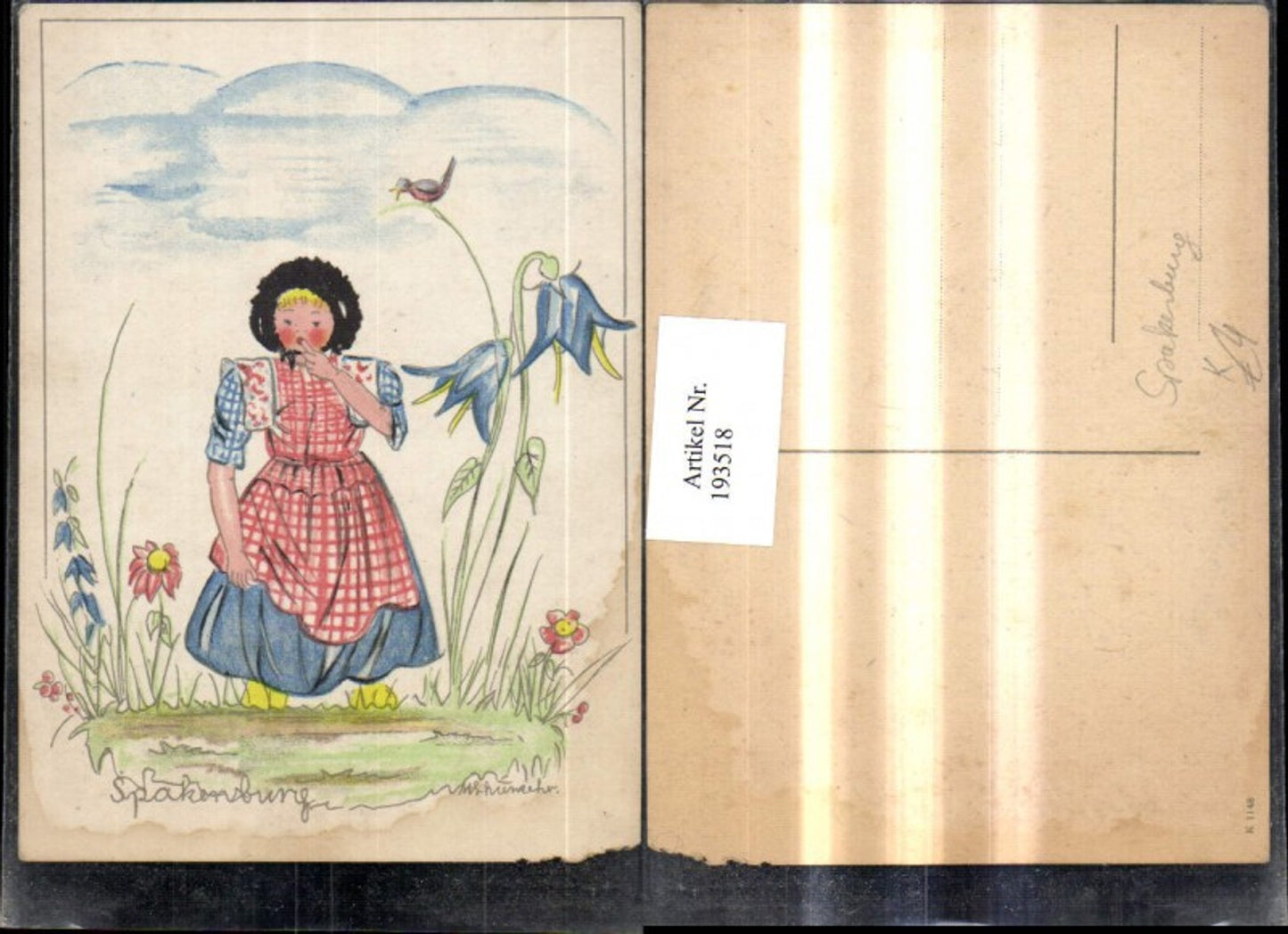 193518,Künstler AK Spakenburg Mädchen m. Kleid Blumen Glockenblumen Vogel