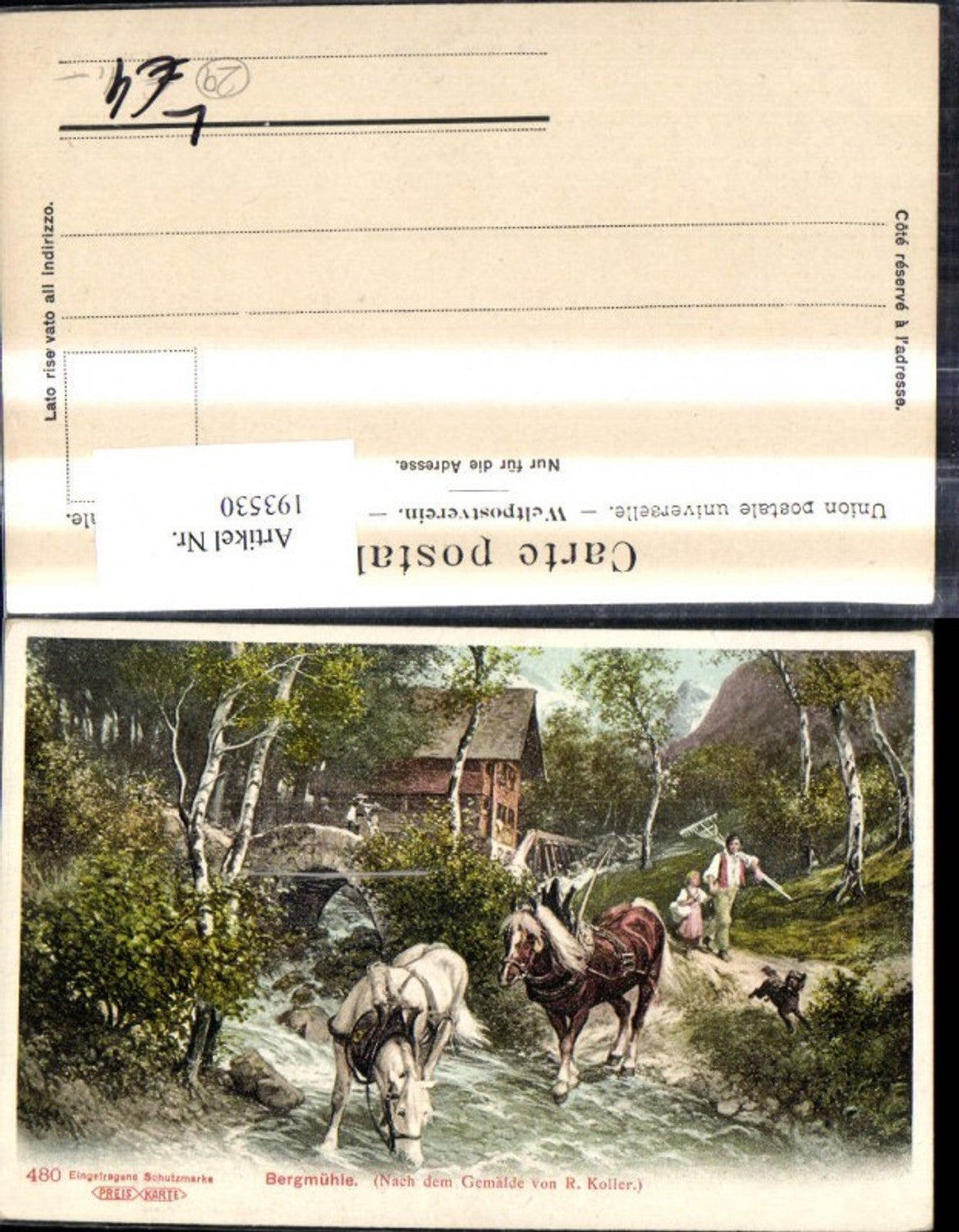 193530,Künstler Litho R. Koller Bergmühle Pferde Hund