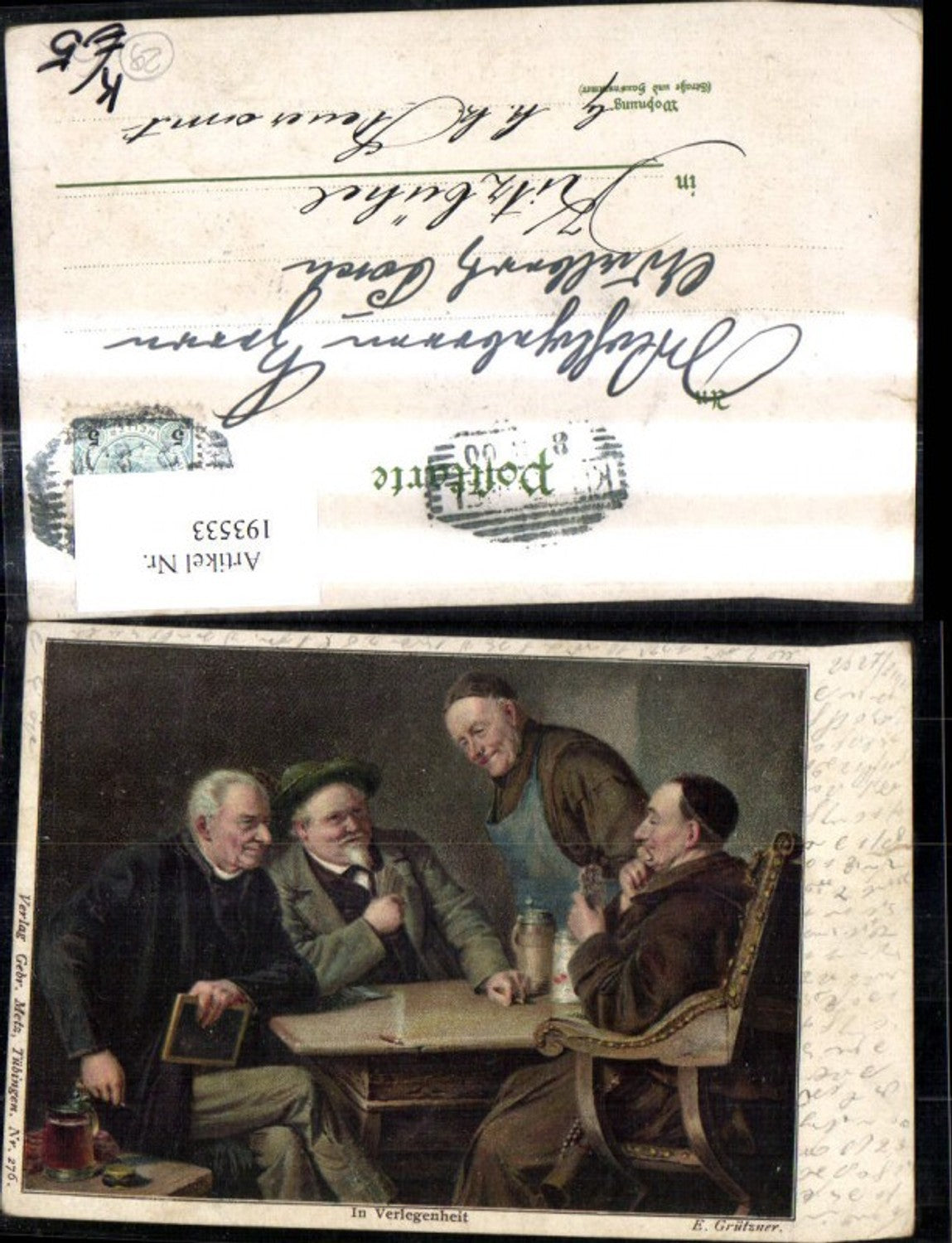 193533,Künstler Ak E. Grützner In Verlegenheit Männer Bierkrug Bier Zigarre