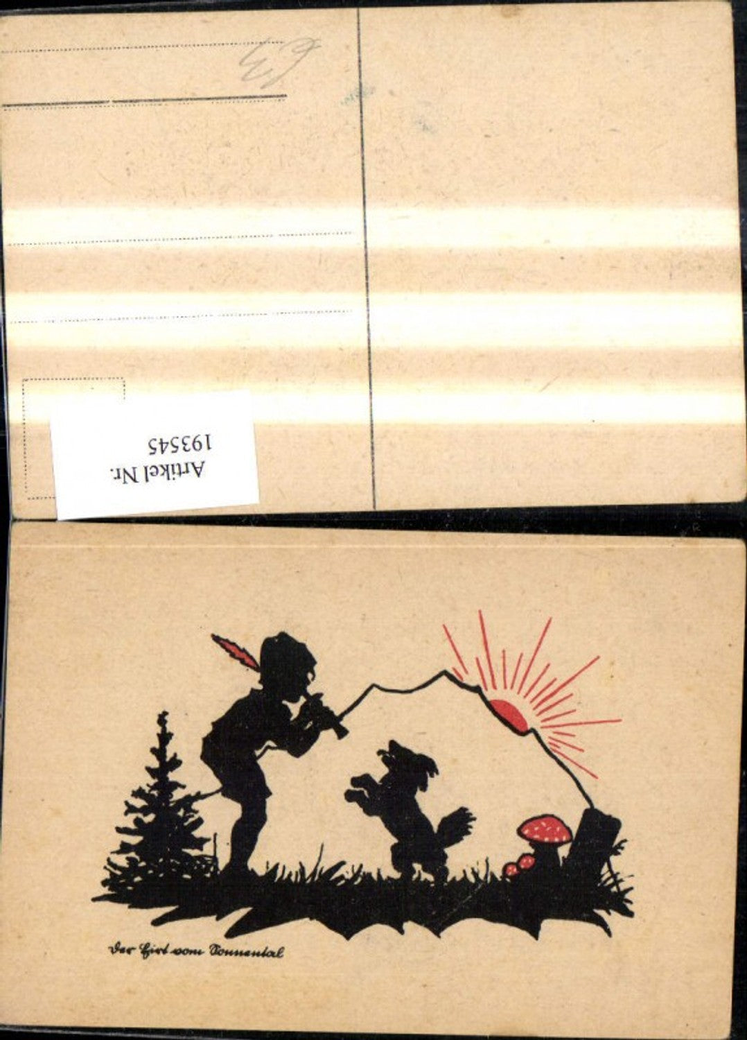 193545,Künstler Ak Scherenschnitt Silhouette Der Hirt v. Nonnental Junge m. Tröte Hund Pilz