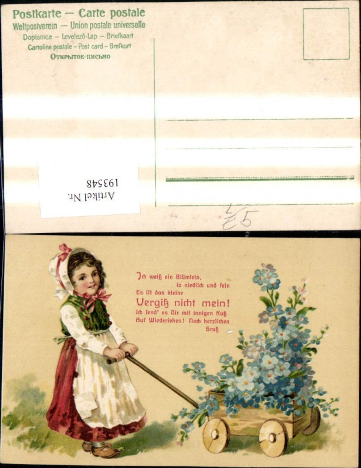 193548,Künstler Litho Mädchen m. Leiterwagen Blumen Vergissmeinnicht Spruch Text
