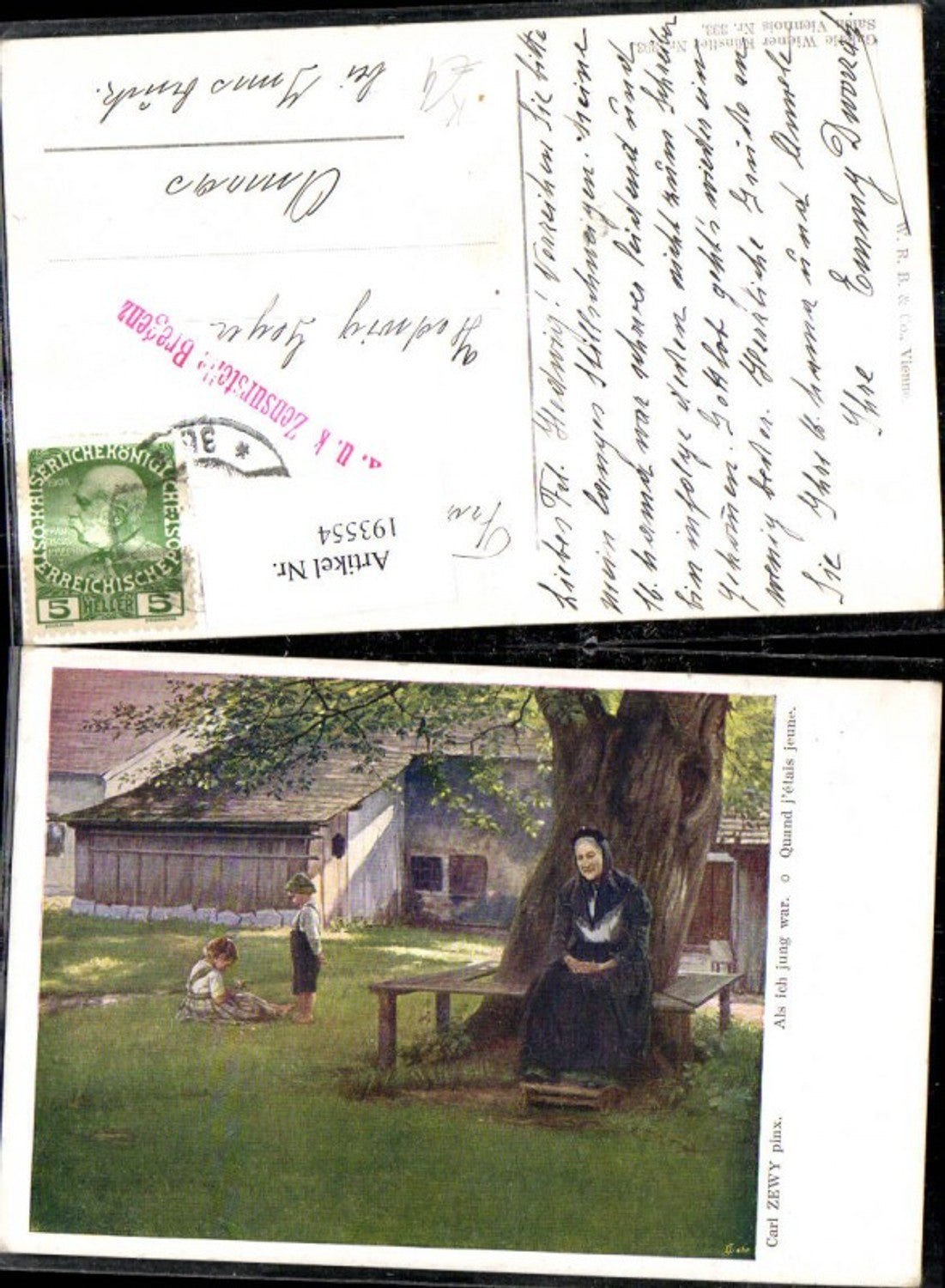 193554, Artist Carl Zewy, When I Was Young, Old Woman Sitting Under Tree, Children in a Meadow, Garden