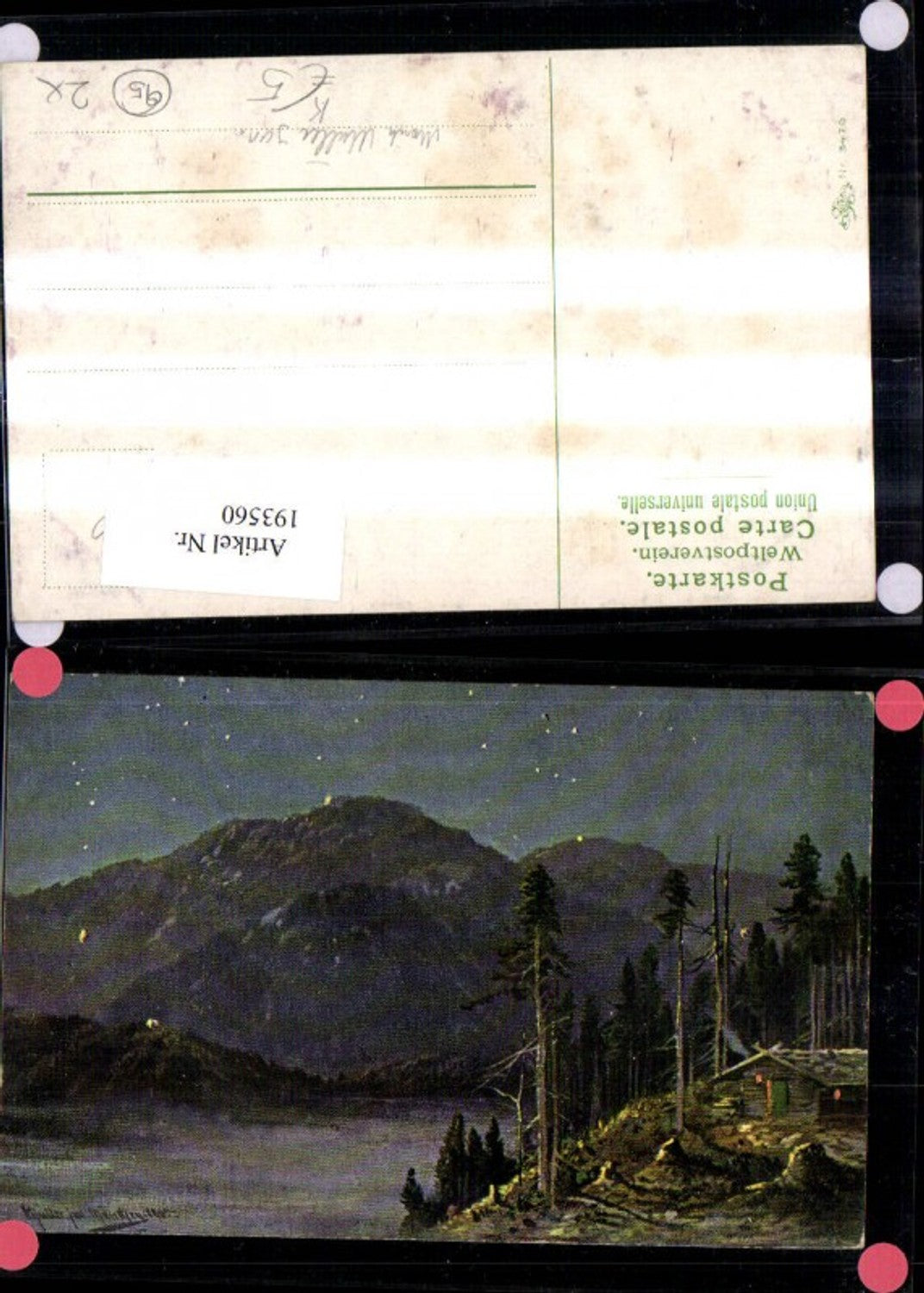193560,Künstler Ak Moritz Müller Jun. Bergsee m. Haus Hütte m. Nacht Sternenhimmel
