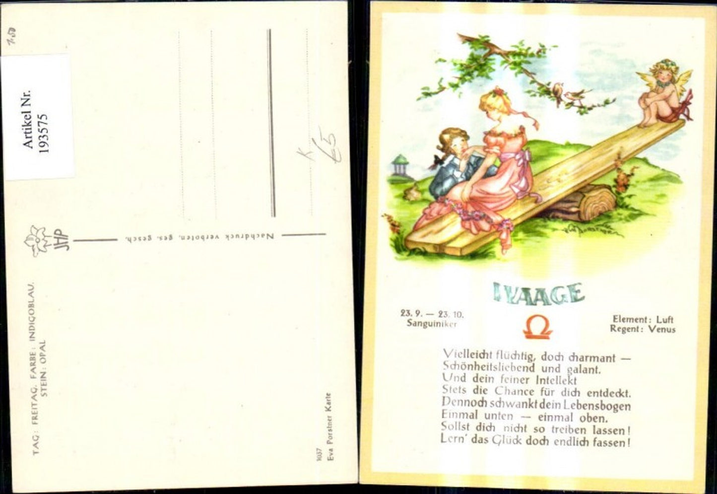 193575,Künstler Ak Eva Porstner Sternzeichen Waage Spruch Text